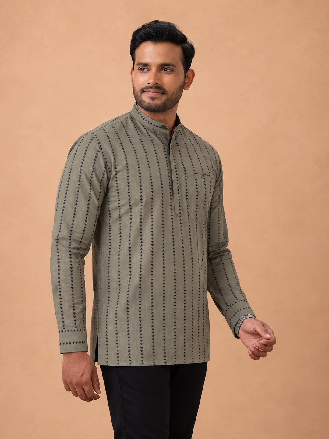 Cotton Short Length Self Design Pocket Kurta Beige Grey RJ48
