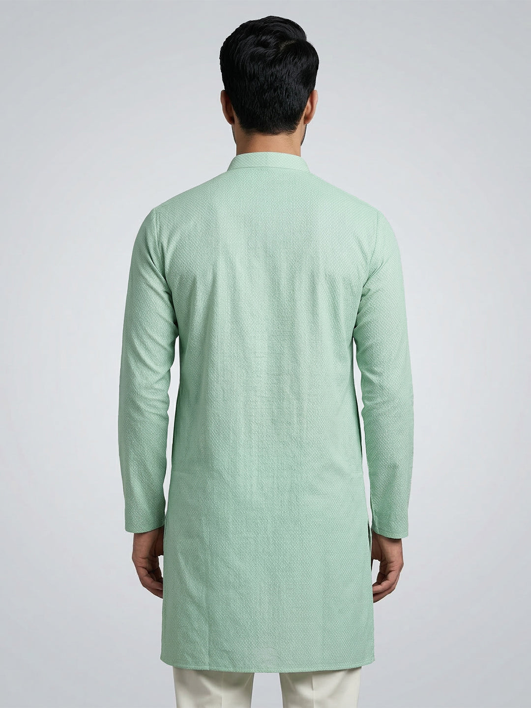Men Cotton Medium Length Printed Pocket Kurta Greenish Blue MHJ6