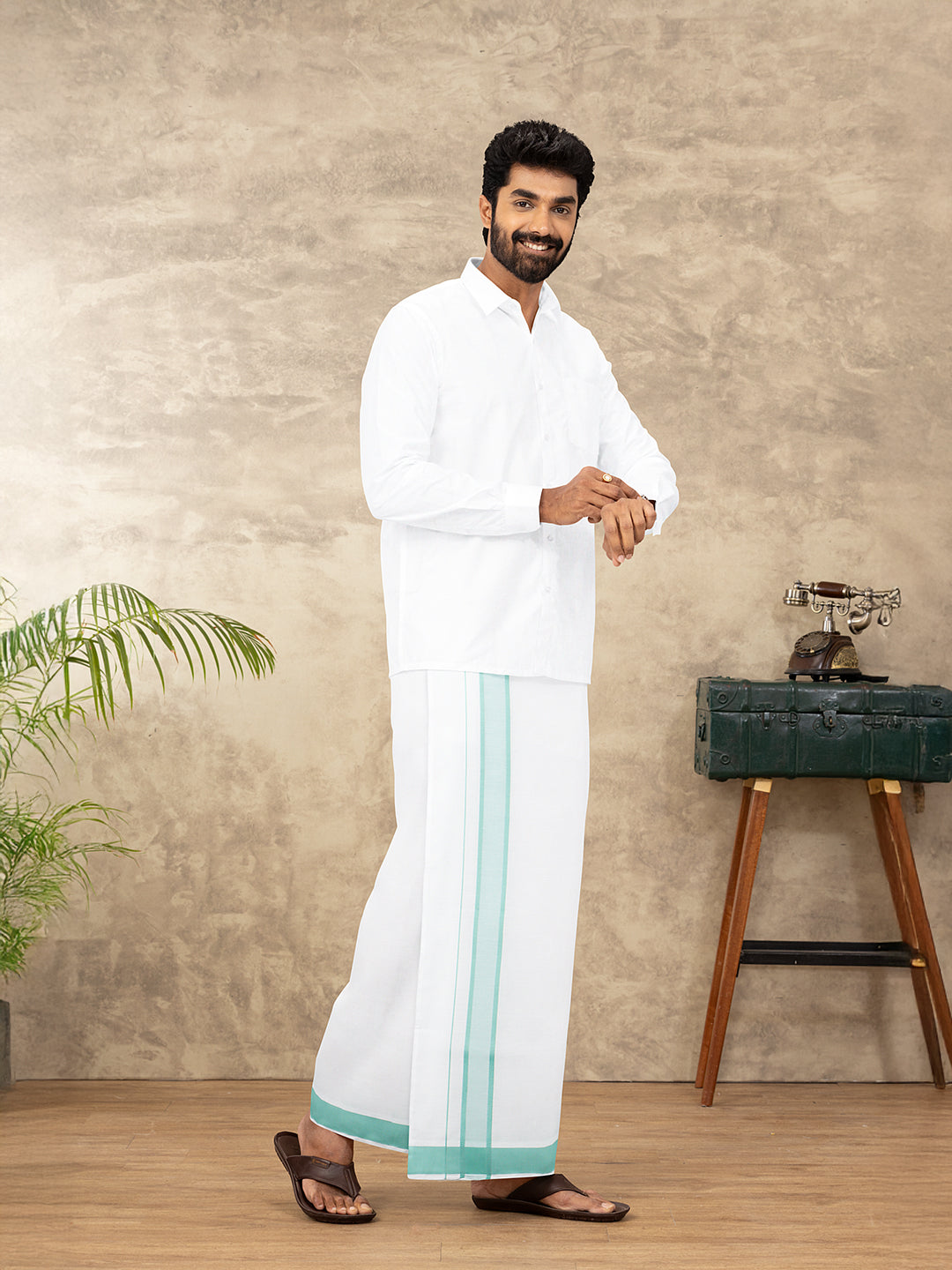 Men Cotton Blend Single Layer White Dhoti with Fancy Border WP24