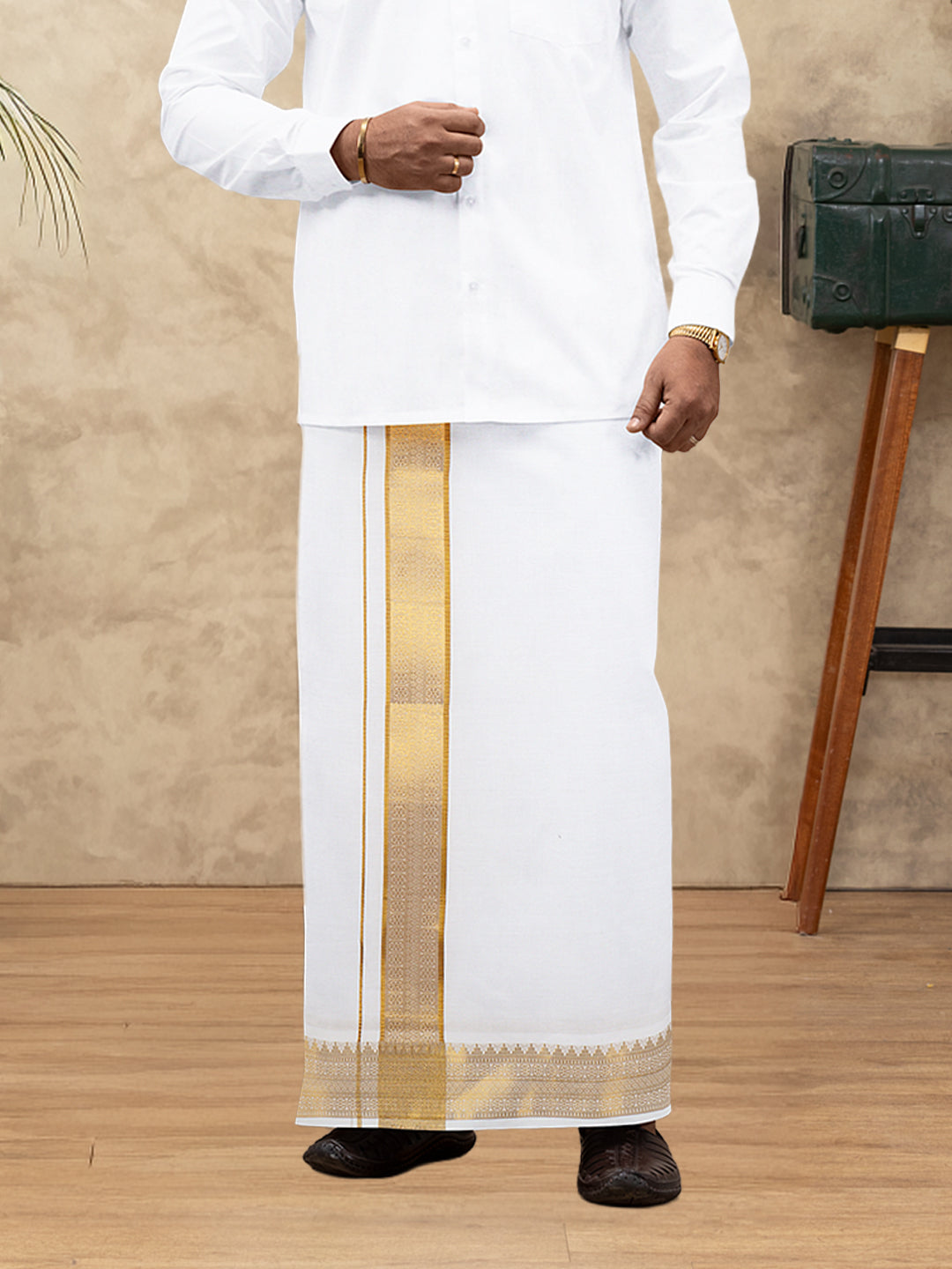 Men 100% Cotton Single Layer White Dhoti with Gold Jari Border Aura 301