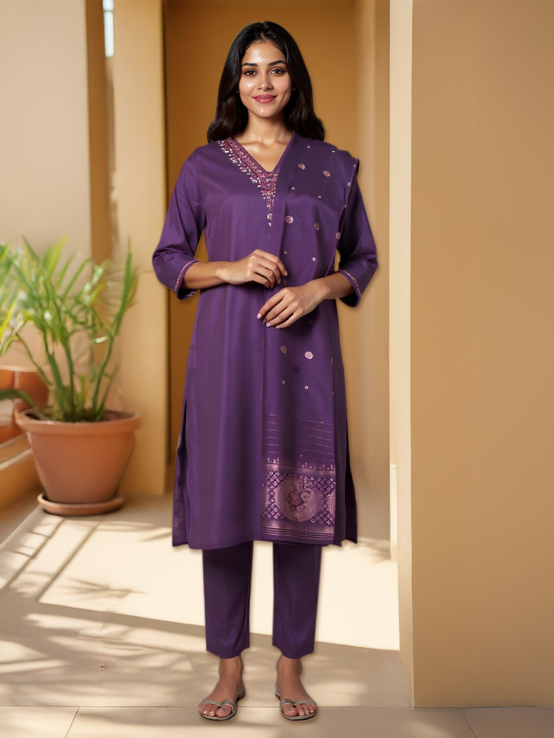 Women Cotton Embroidered Kurti Set Purple EKS42