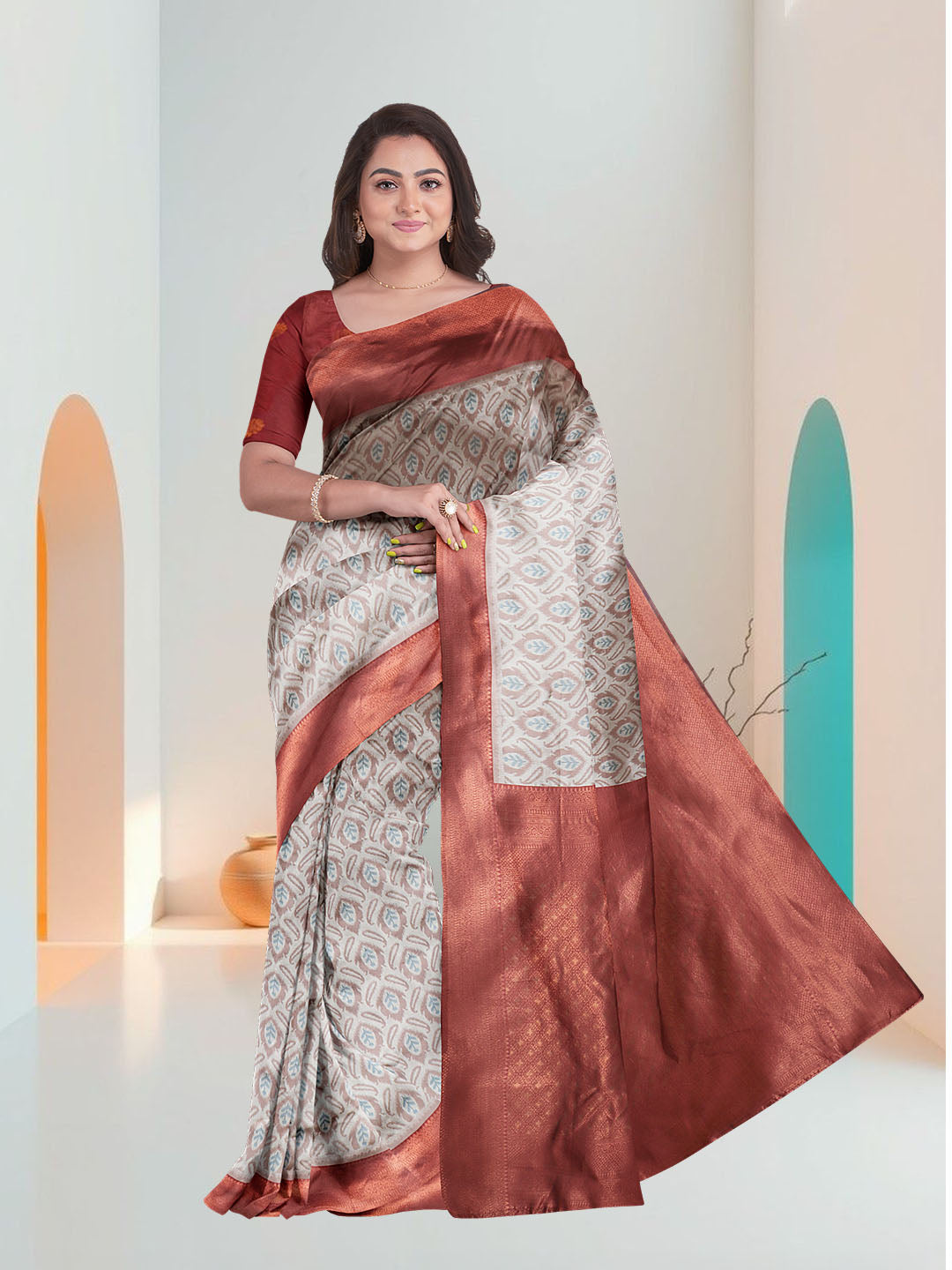 Women Green with Maroon Art Silk Printed Saree ASS51