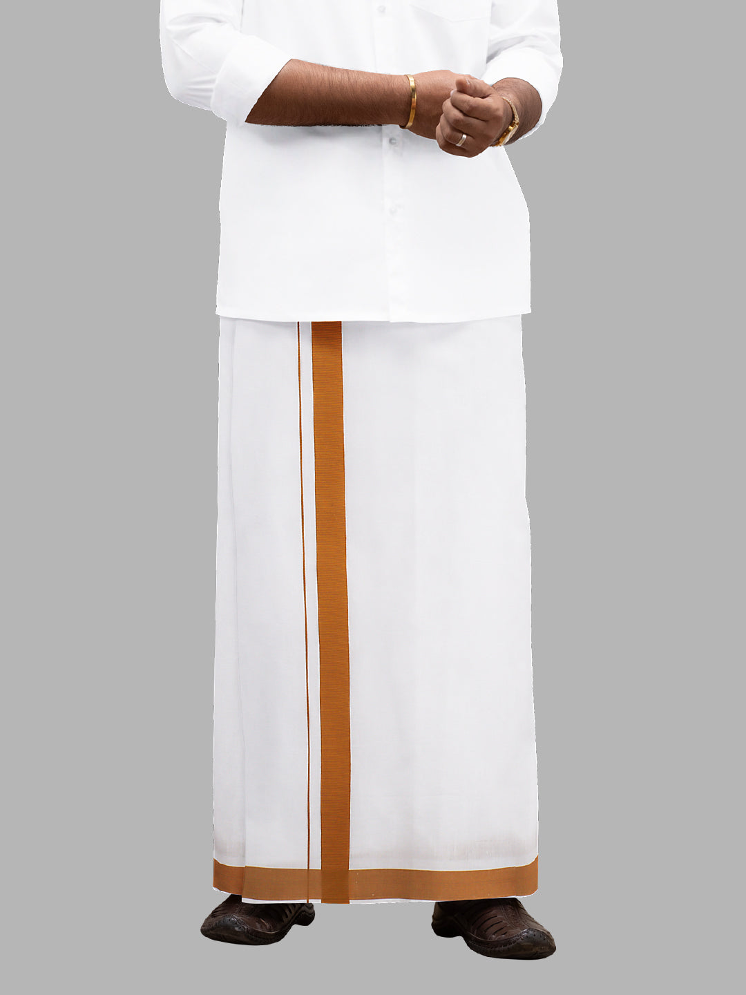 Men Cotton Blend Readymade Single Layer White Dhoti with Big Border GACS1