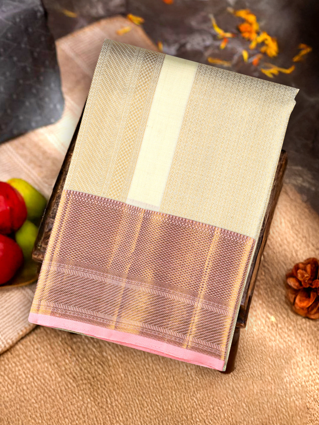 Men Premium Pure Silk Dhoti & Towel Set with 6" inch Gold Jari Border Amirtham AM10