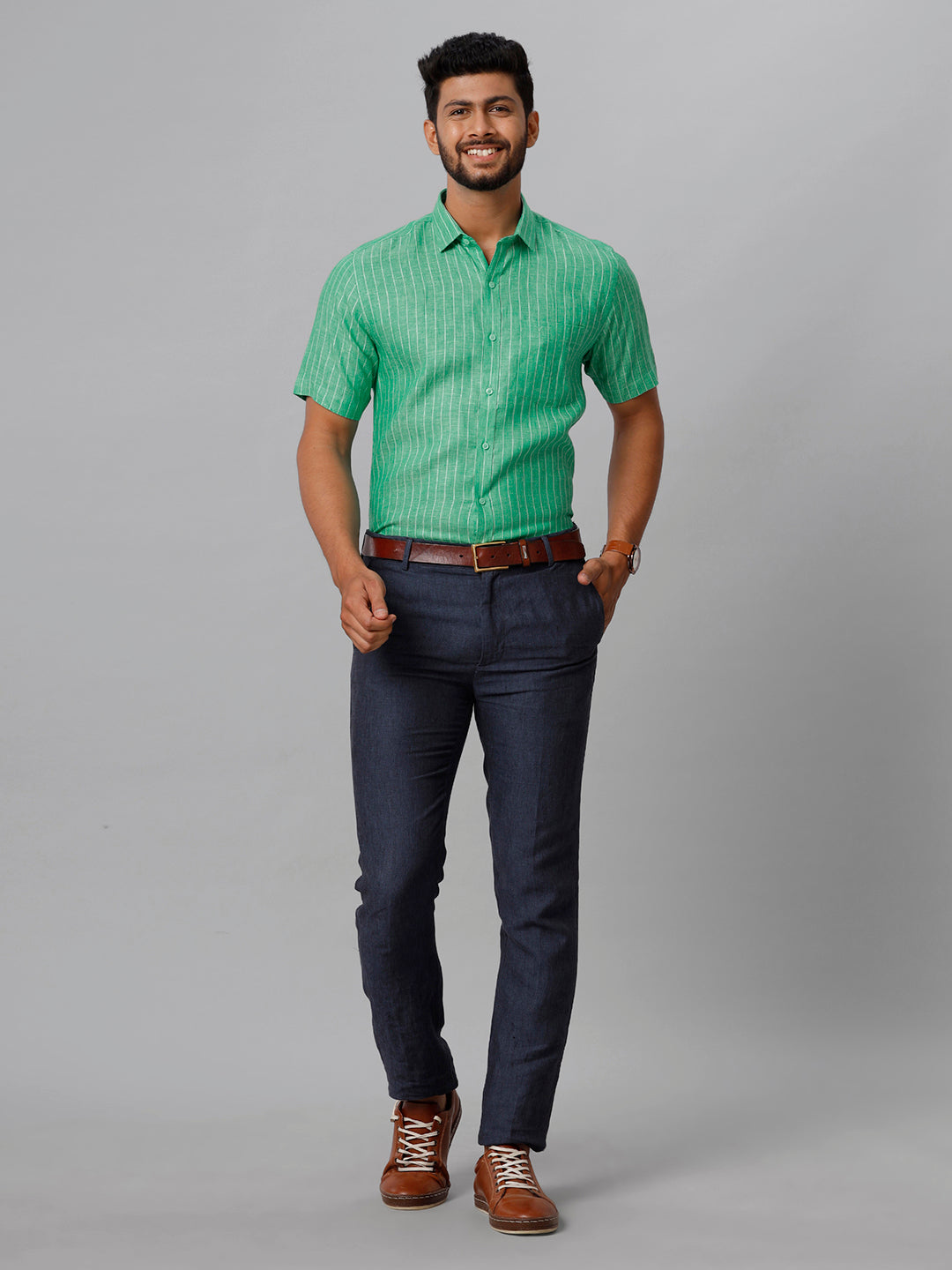 Mens Pure Linen Striped Half Sleeves Green Shirt LS12-Full view