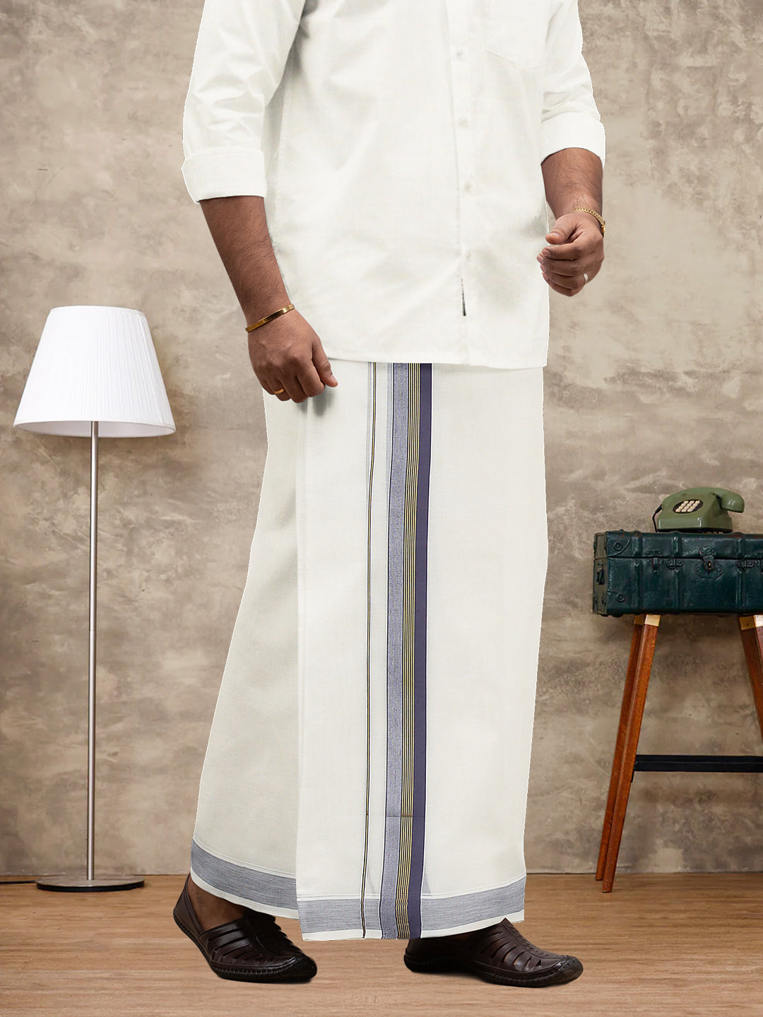 Men Kora Cotton Double Layer Dhoti with Grey Fancy Jari Border EGJ20