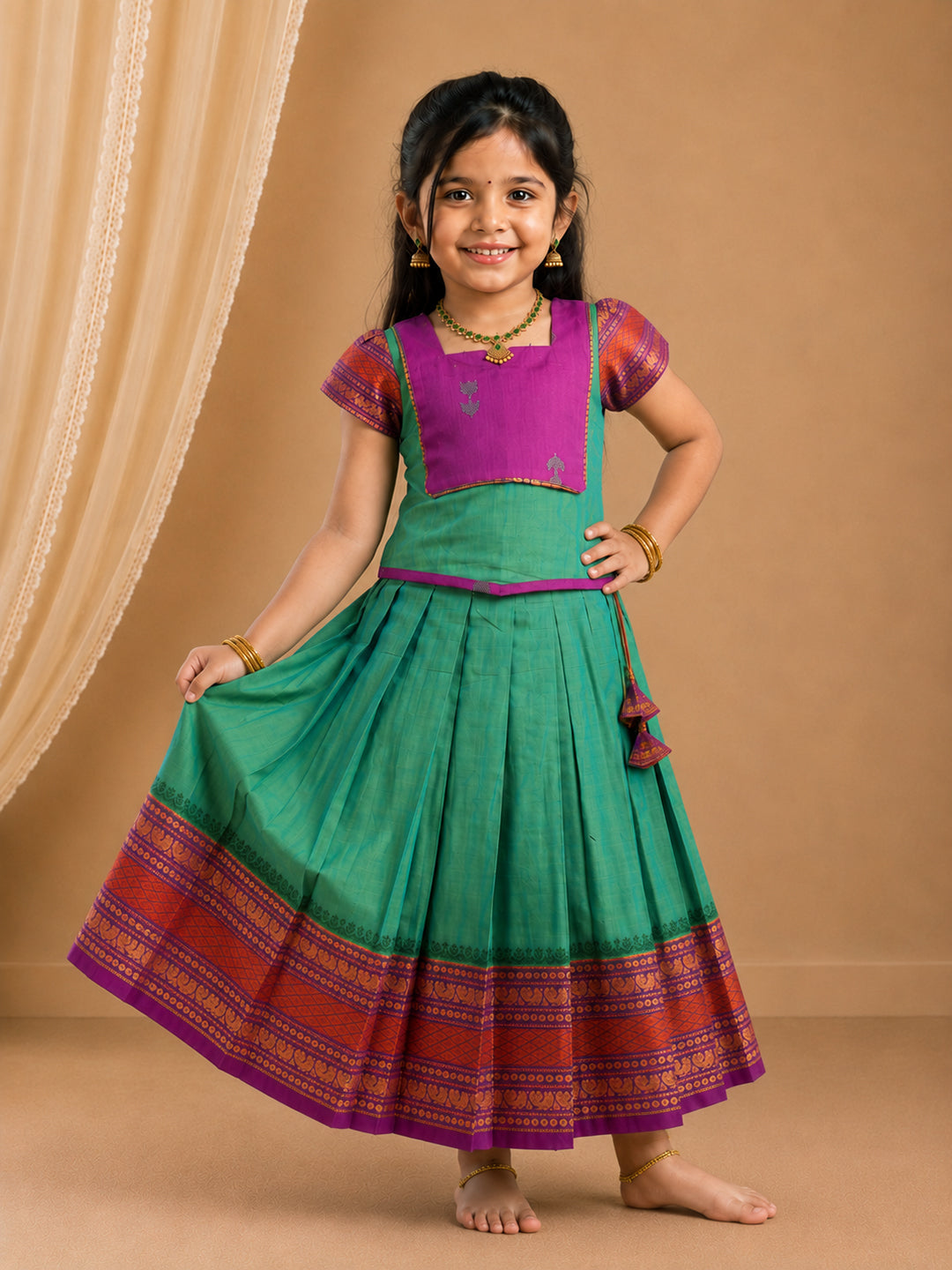 Girls Cotton Green with Violet Pattu Pavadai Set GPS49