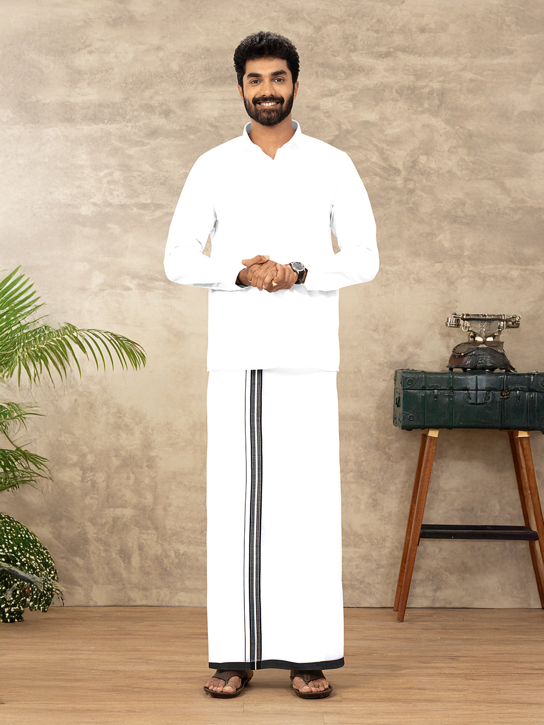 Men Cotton Blend Single Layer White Dhoti with Fancy Jari Border HSF01