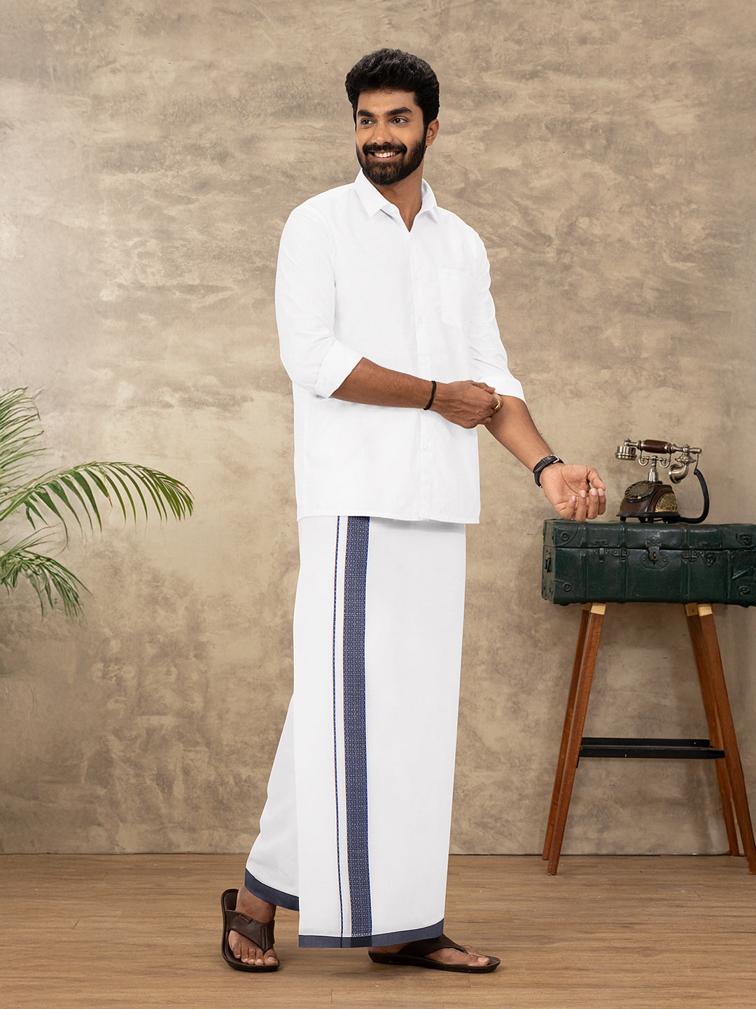 Men Cotton Blend Double Layer White Dhoti with Fancy Border TF03