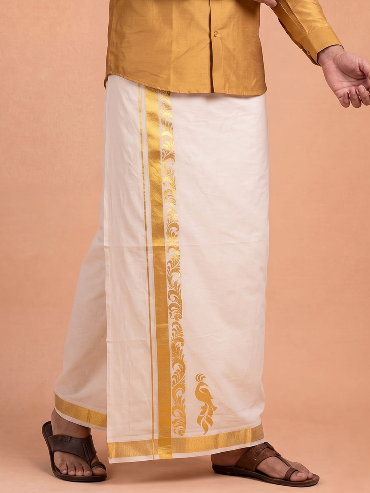 Double Layer Cotton Cream Kora Dhoti With Gold Jari Border - HF Gold HFG10