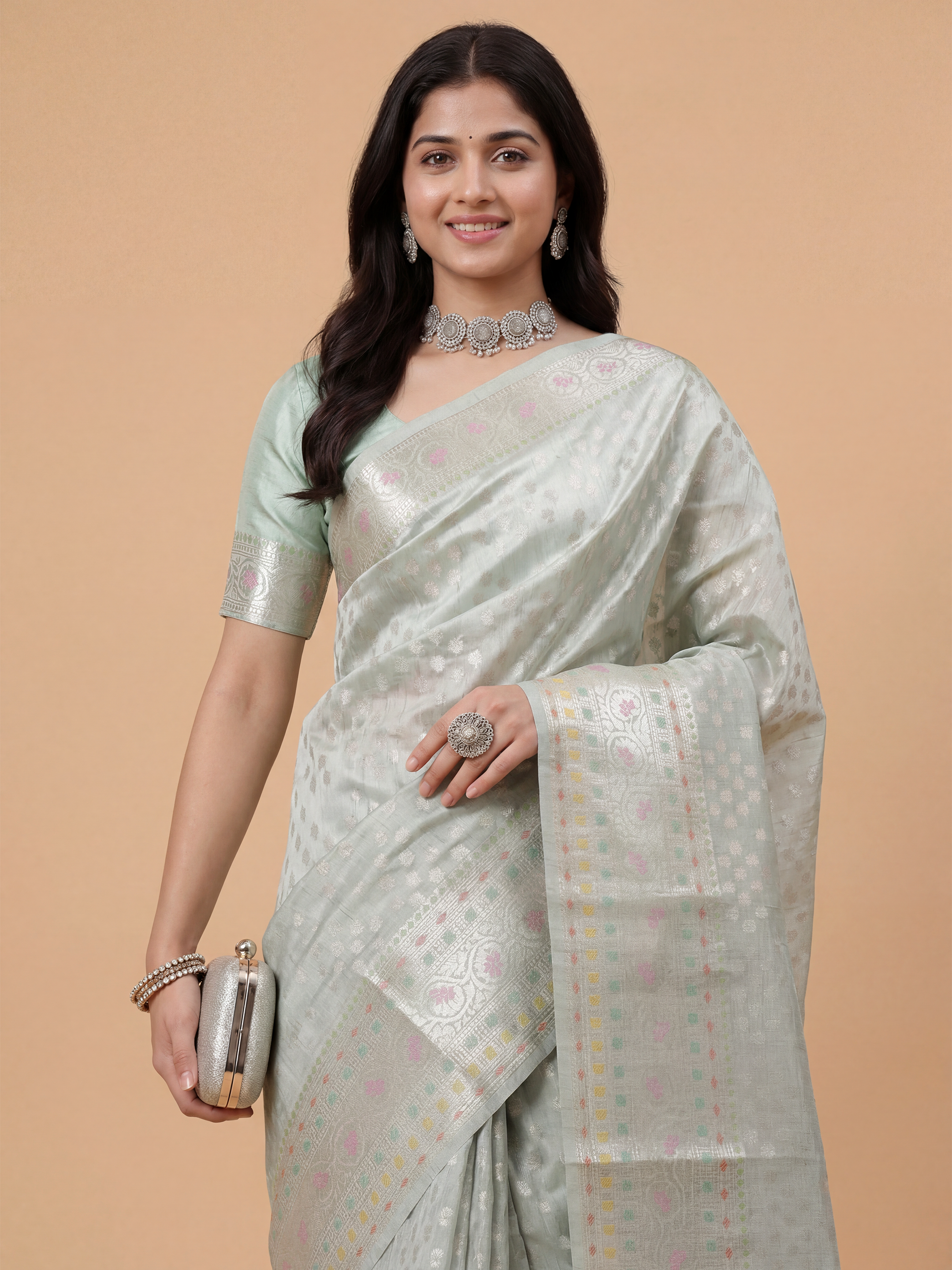 Women Tissue Pista Green Saree TS68