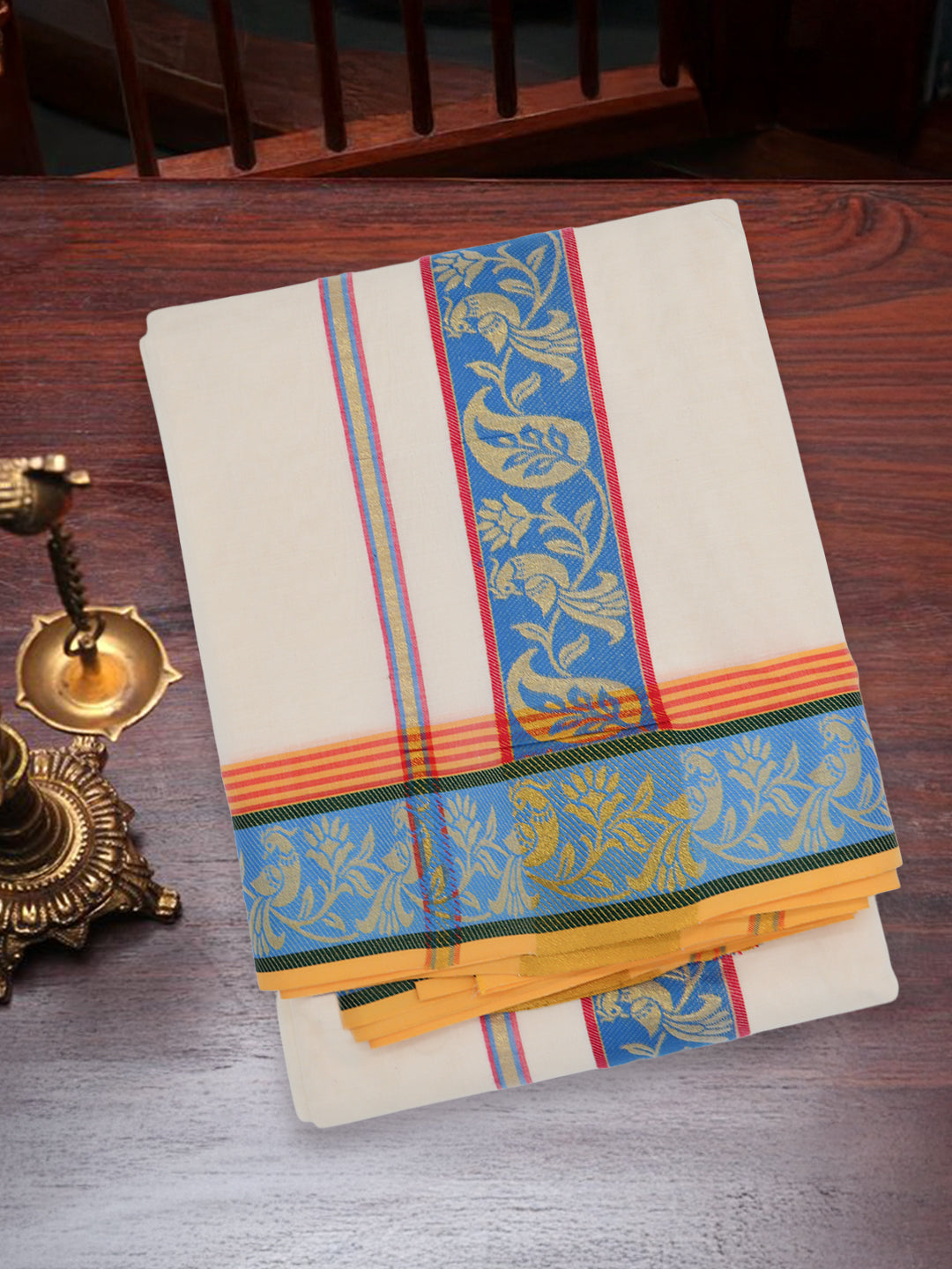 Men Kora Cotton Fancy Jari Border Panchakacham with Angavasthram Cream(9+5)