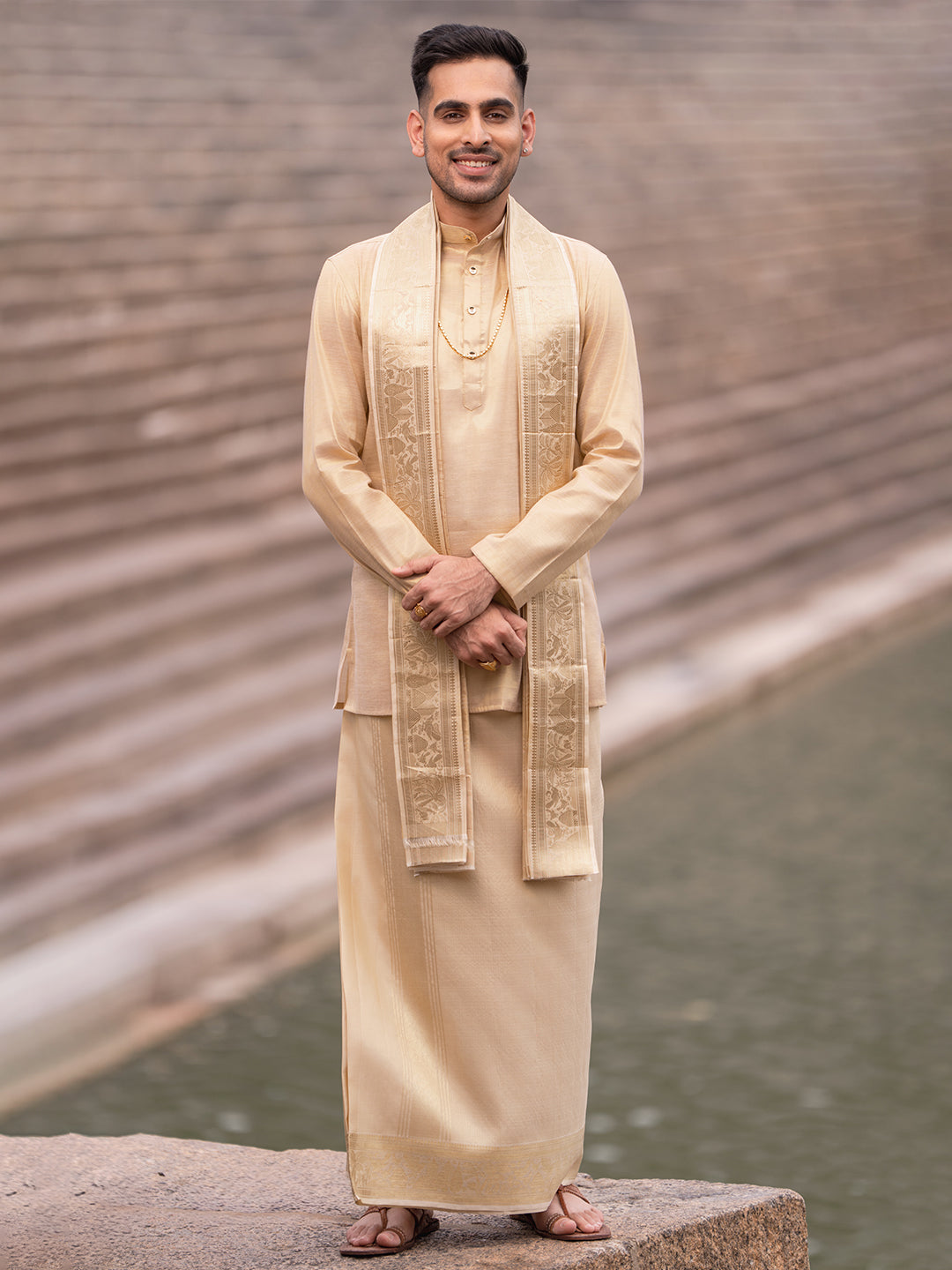 Pure Silk Vairaoosi Check Design Dhoti Shirting & Towel Set with 4" Jari Border – Rajadharbar