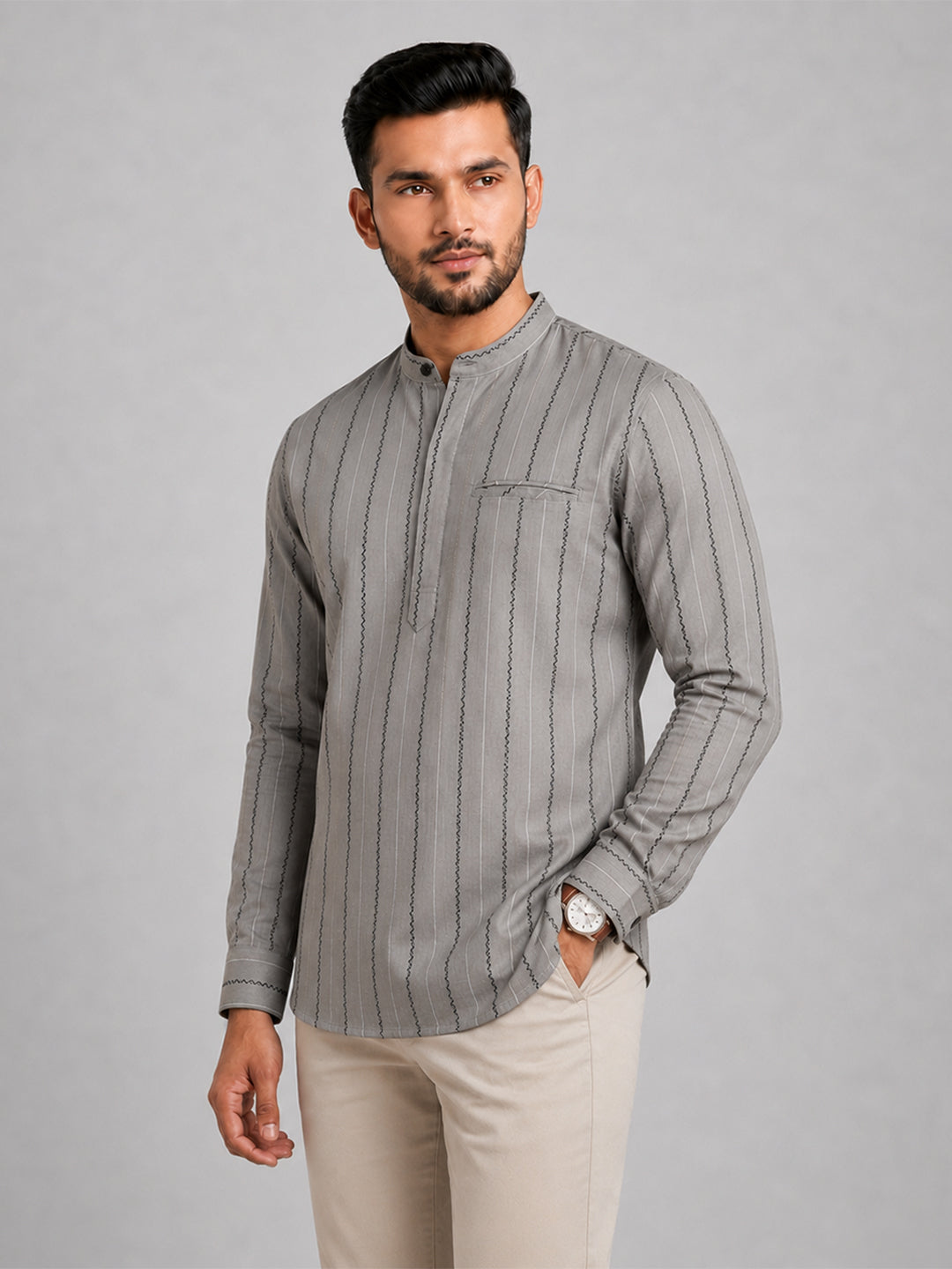 Cotton Short Length Stripes Pocket Kurta Silver Grey RJ35