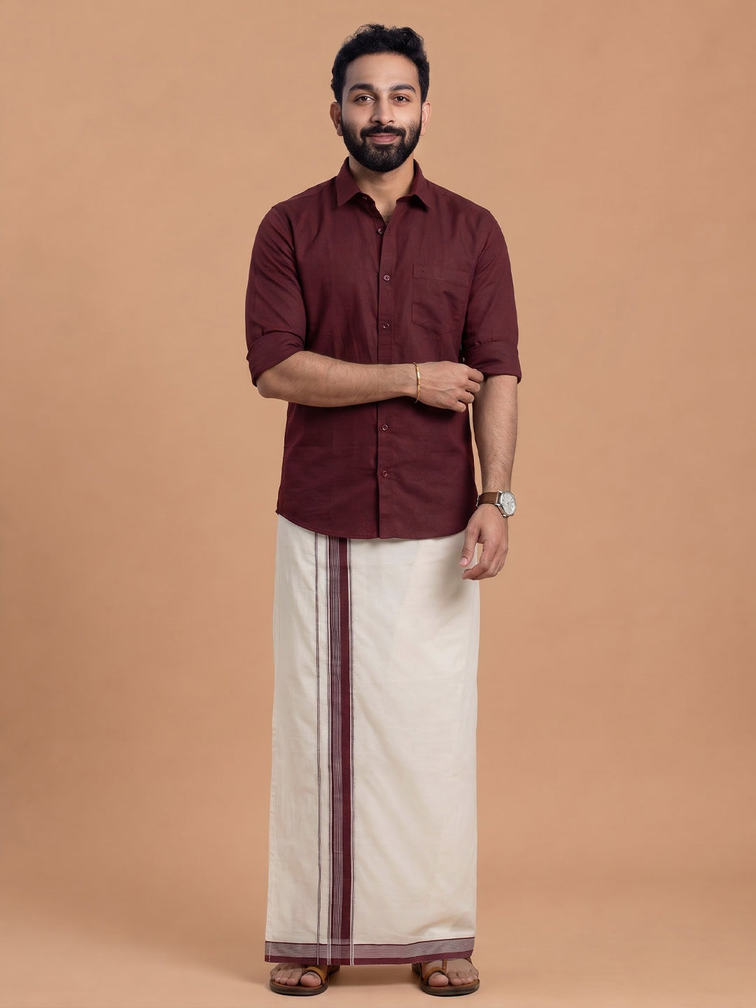 Double Layer Supima Cotton Cream Kora Dhoti with Colour Border - LC34