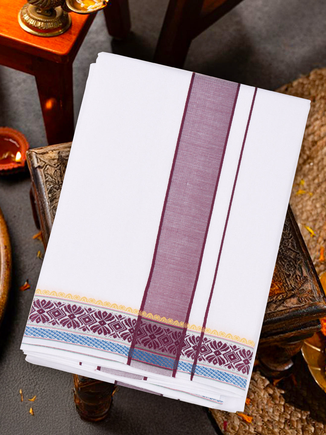 Men Cotton Purple Fancy Border Panchakacham with Angavasthram (9+5) JD12