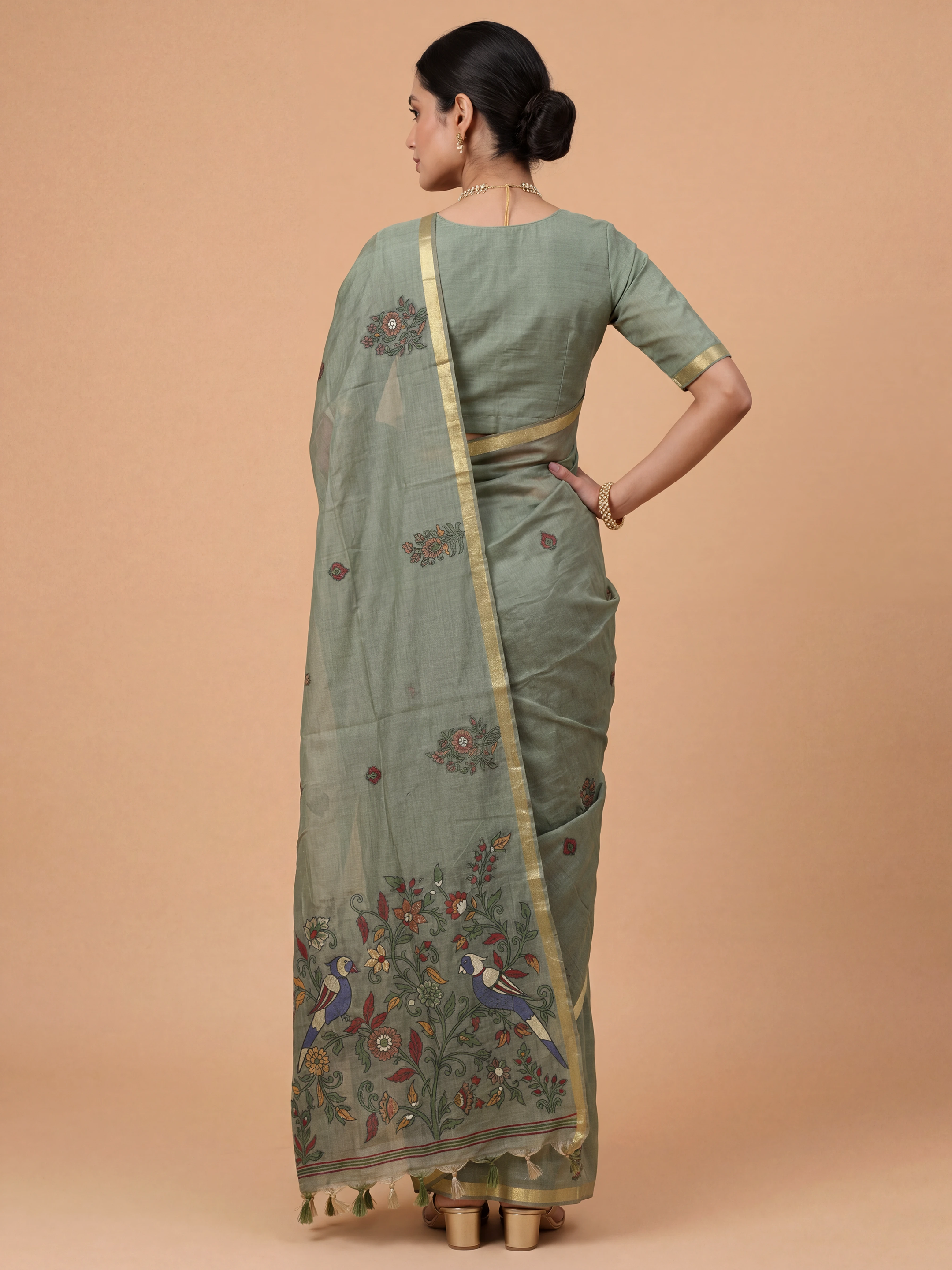 Women Pure Cotton Printed Dark Green Saree PCS273