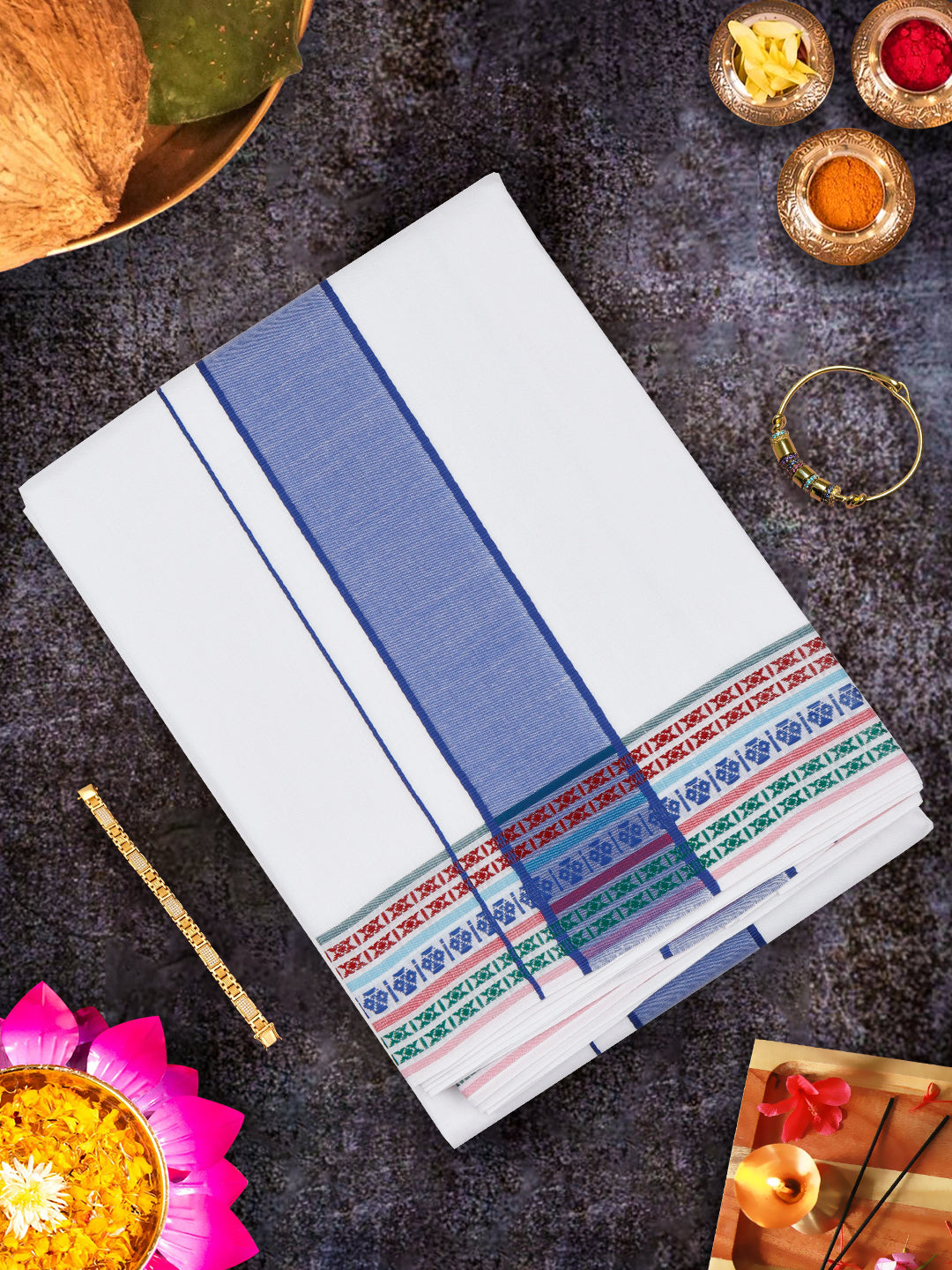 Mens White Panchakacham with Angavasthram Blue Fancy Border Srirasthu (9+5)