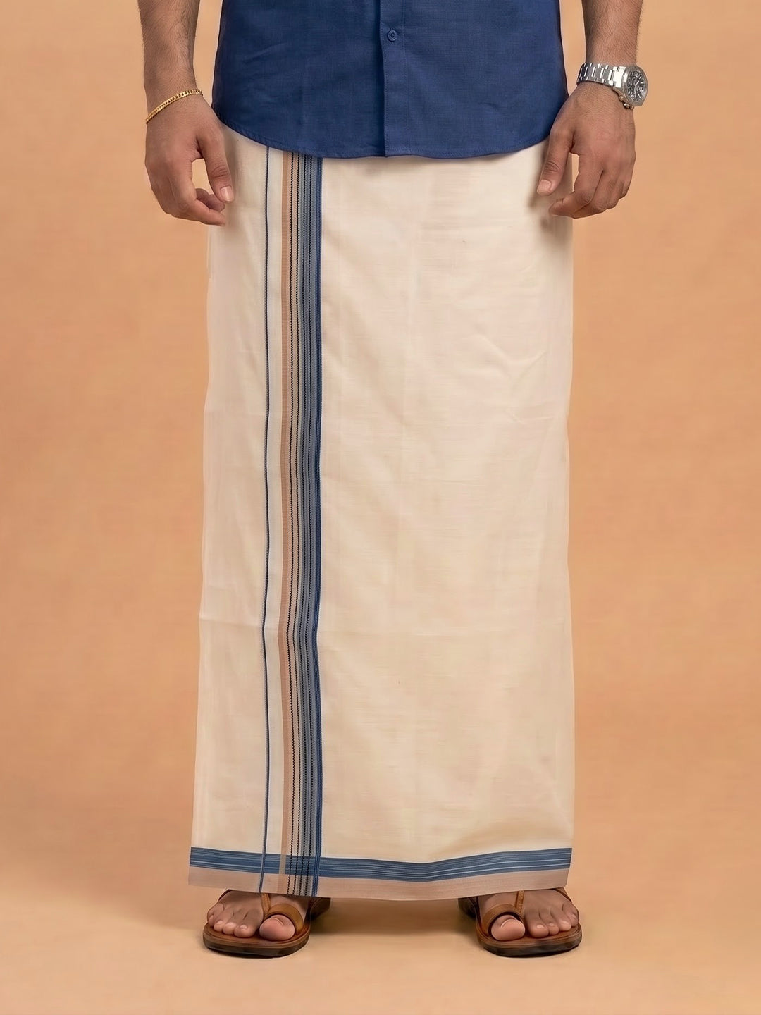 Double Layer Giza Cotton Cream Kora Dhoti with Colour Border - PKF02