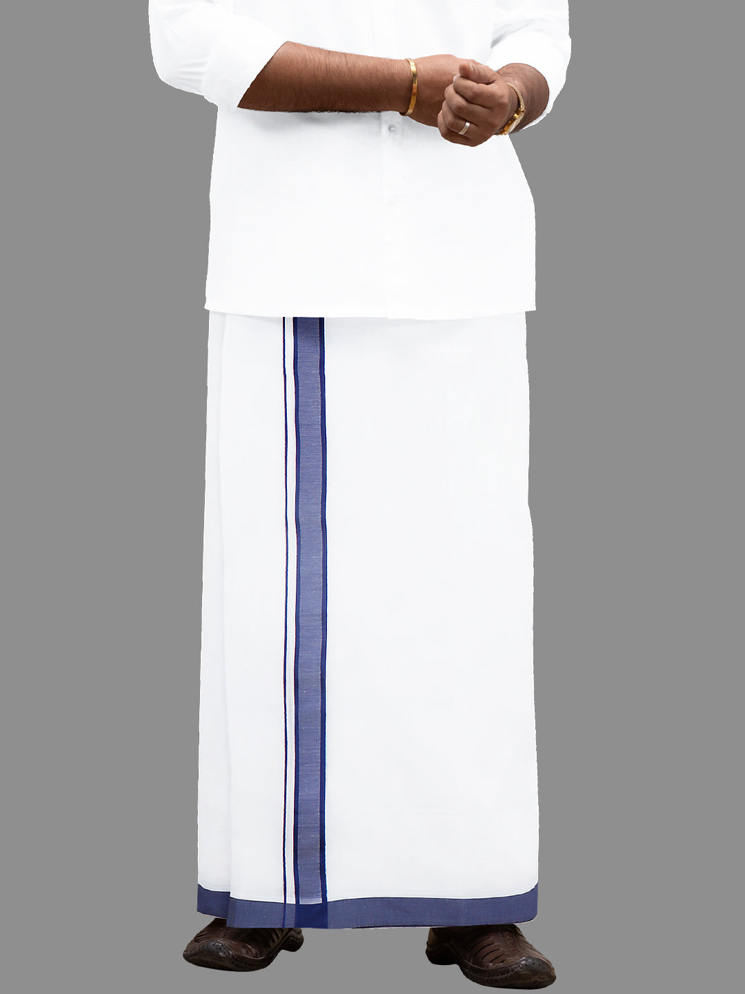 Men Navy Fancy Border Double Layer Dhoti Terra Plain
