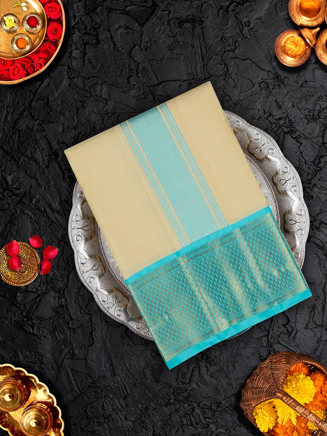 Premium Pure Silk Cream Dhoti With Angavastram 4 1/2" Sky Blue Korvai Jari Border Agarshanaa-View one
