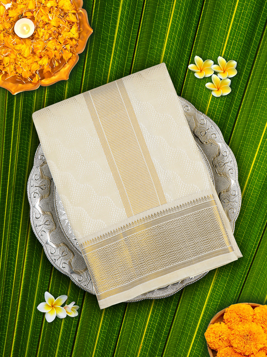 Premium Pure Silk Cream Dhoti With Angavastram 4" Gold Jari Border Agarshanaa-View one