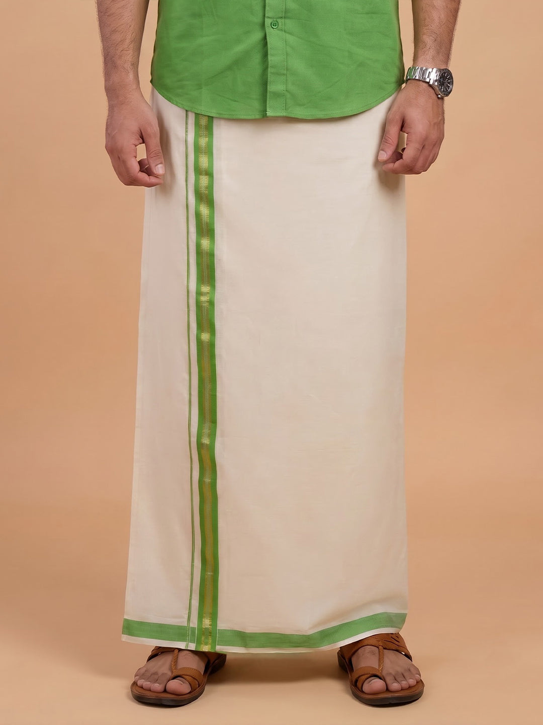 Double Layer 100% Cotton Cream Kora Dhoti with Colour Border - CGJ01