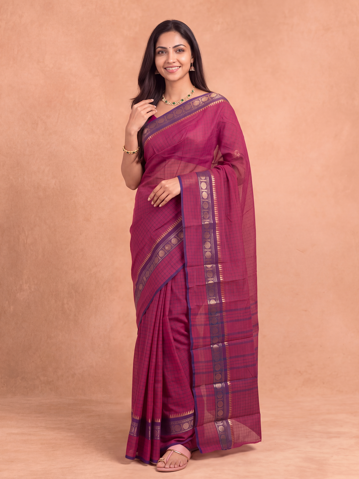 Women Chettinad Cotton Dark Pink Saree CCS21