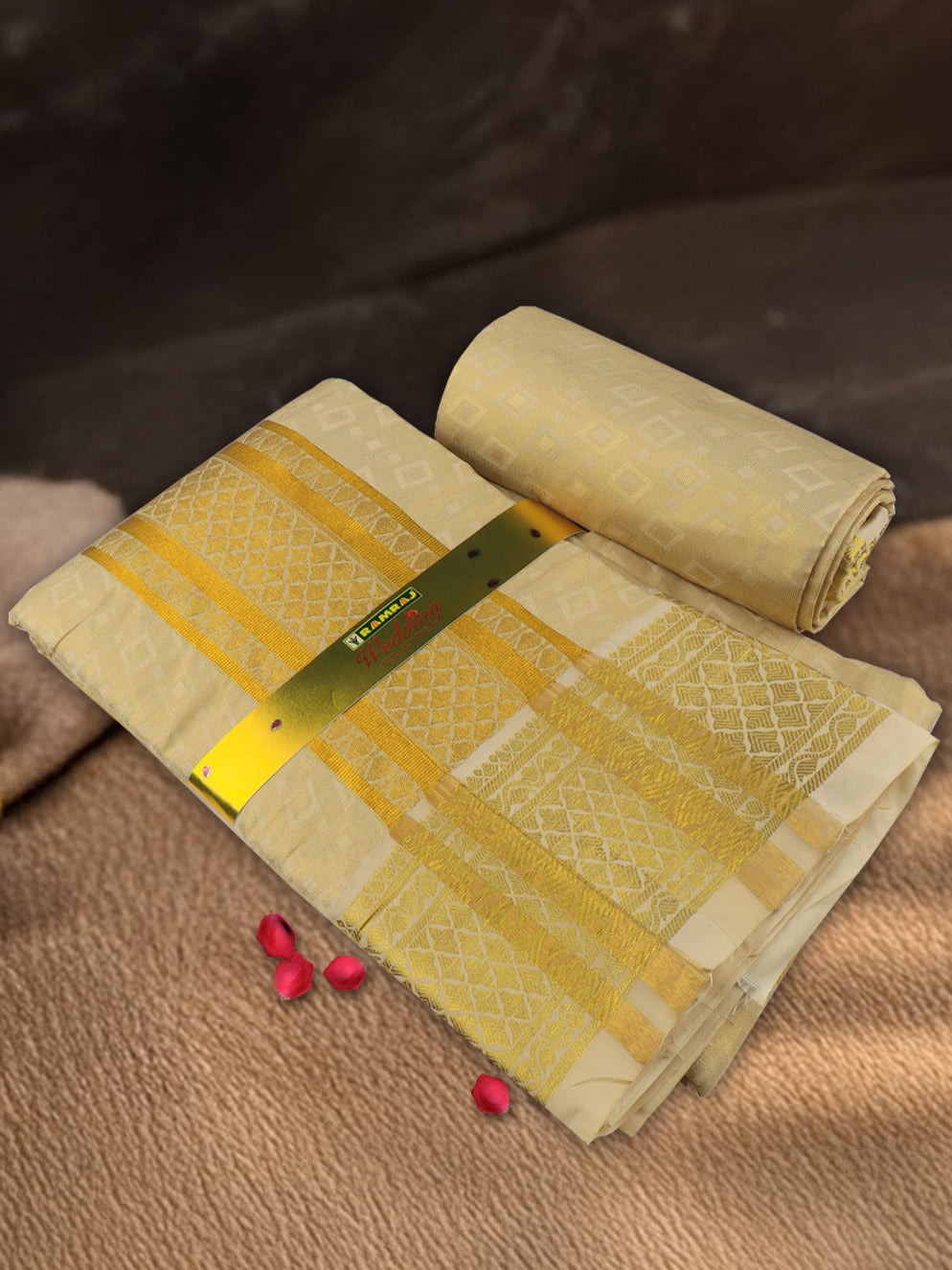 Men Art Silk Wedding Set Dhoti Shirting & Towel Set Gold Brahmotsavam B13(3*1)