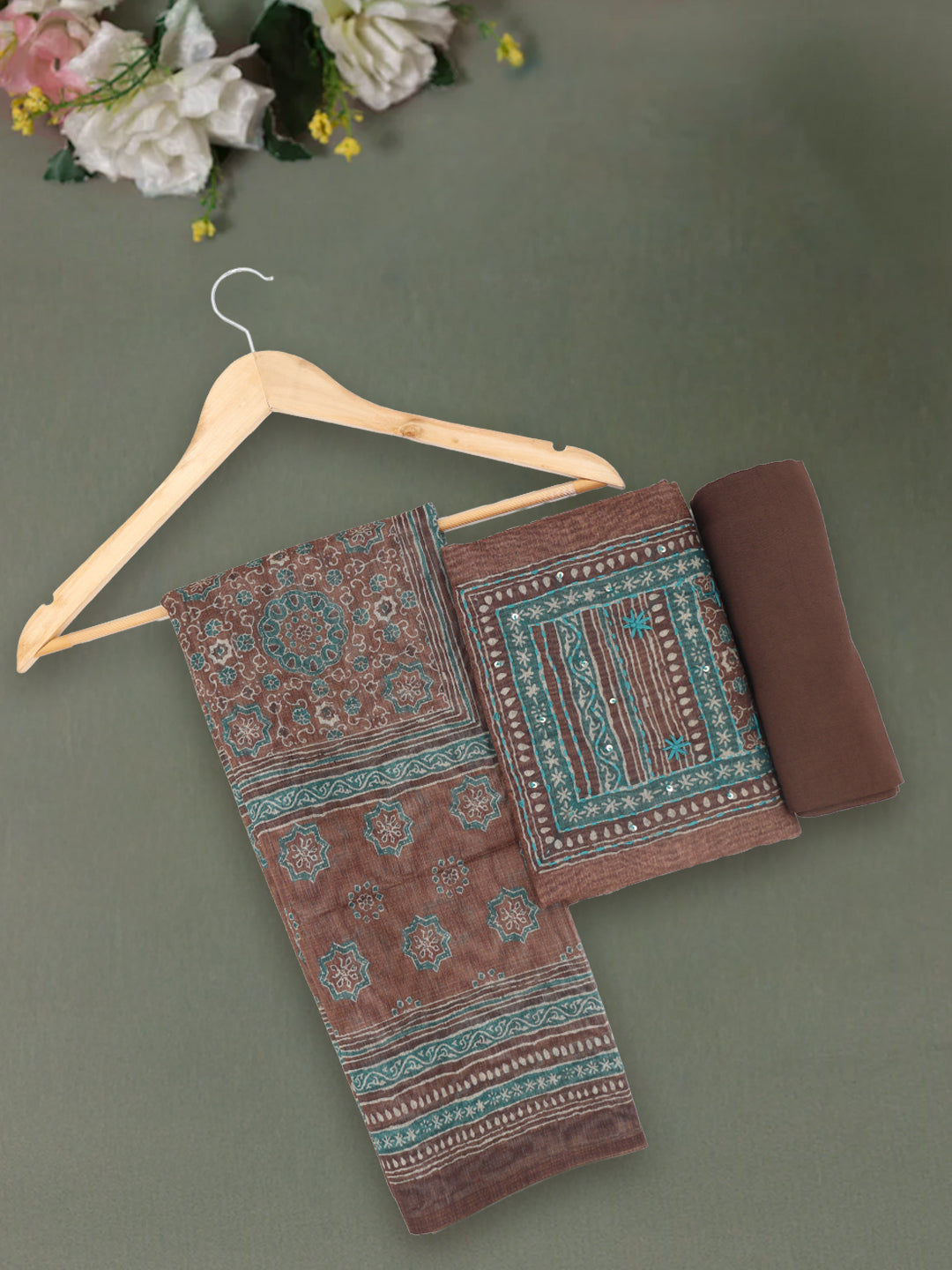 Women Pure Cotton Printed Dress Material Brown DM336