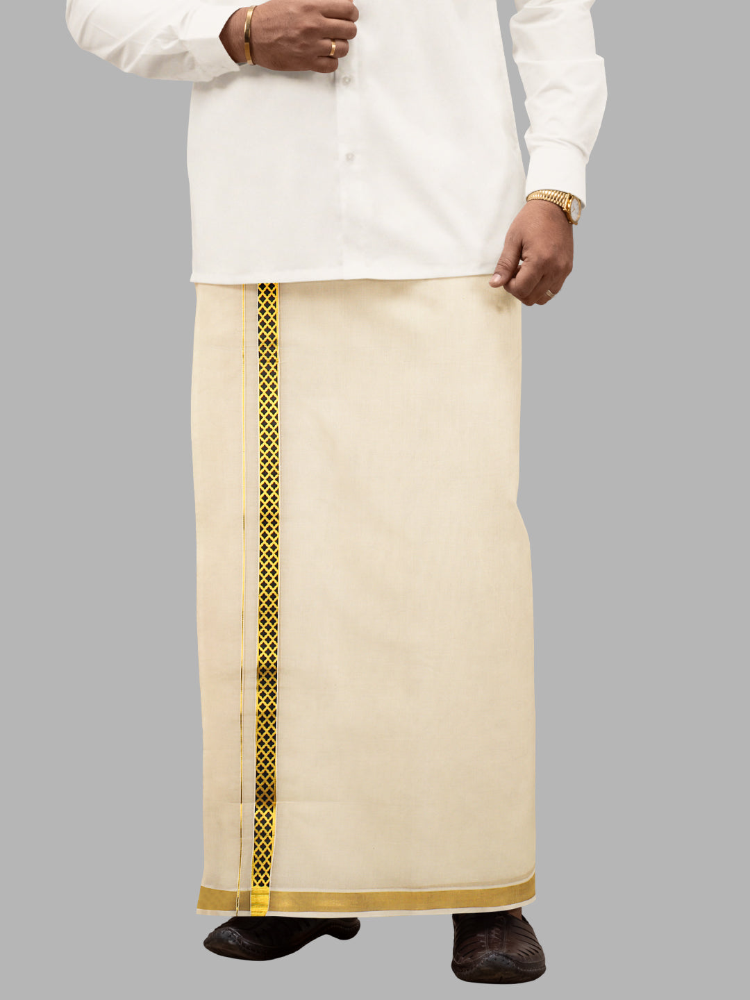 Men Kora Cotton Double Layer Dhoti with Black Fancy Jari Border Pazhassi Royal