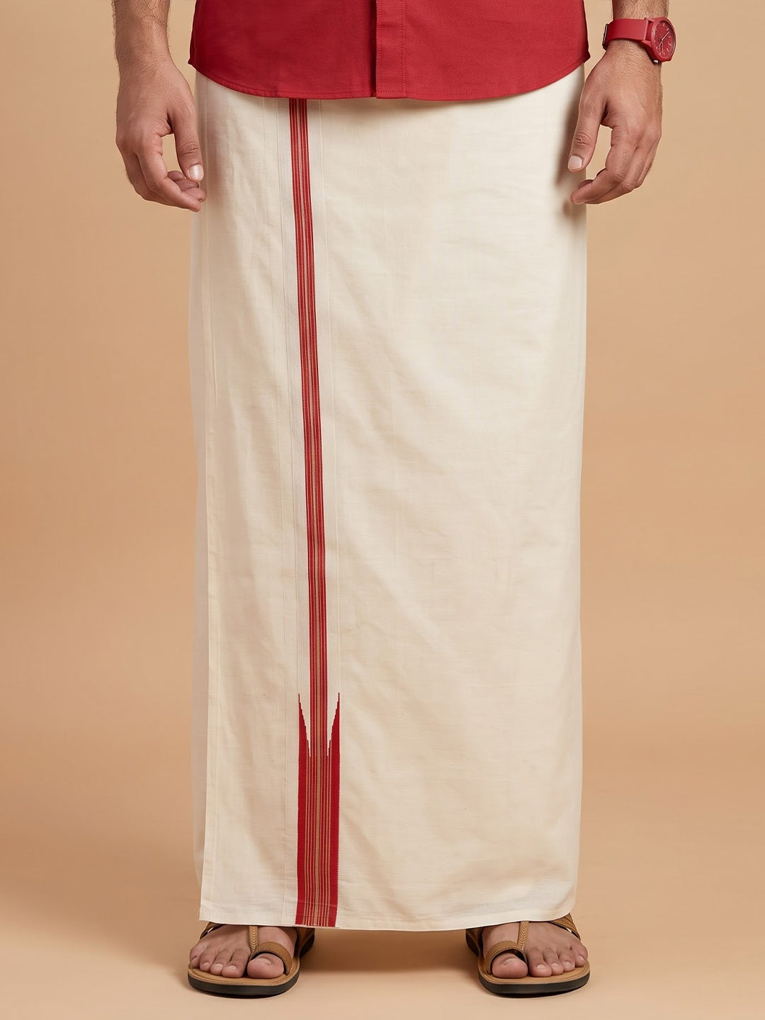 Double Layer 100% Cotton Cream Dhoti with Colour Jari Border - LC47