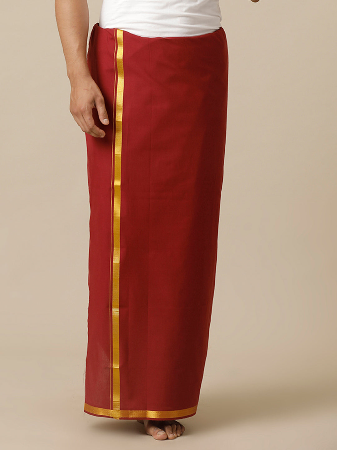 Men Cotton Blend Single Layer Maroon Dhoti with Gold Jari Border Cosmic 15
