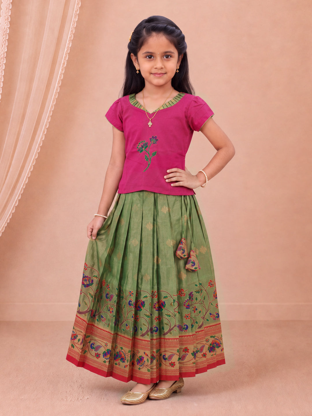 Girls Tissue Pink with Green Pattu Pavadai Set GPS66