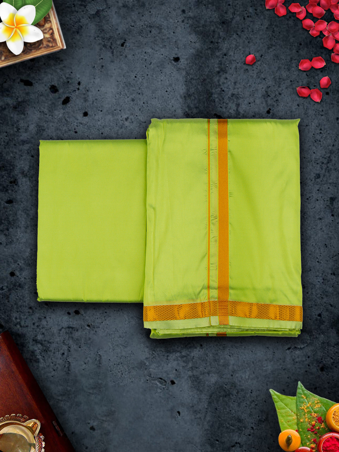 Mens Premium Art Silk Parrot Green Shirting & Gold Jari Border Panchakacham Set 9+5 Ashirwath