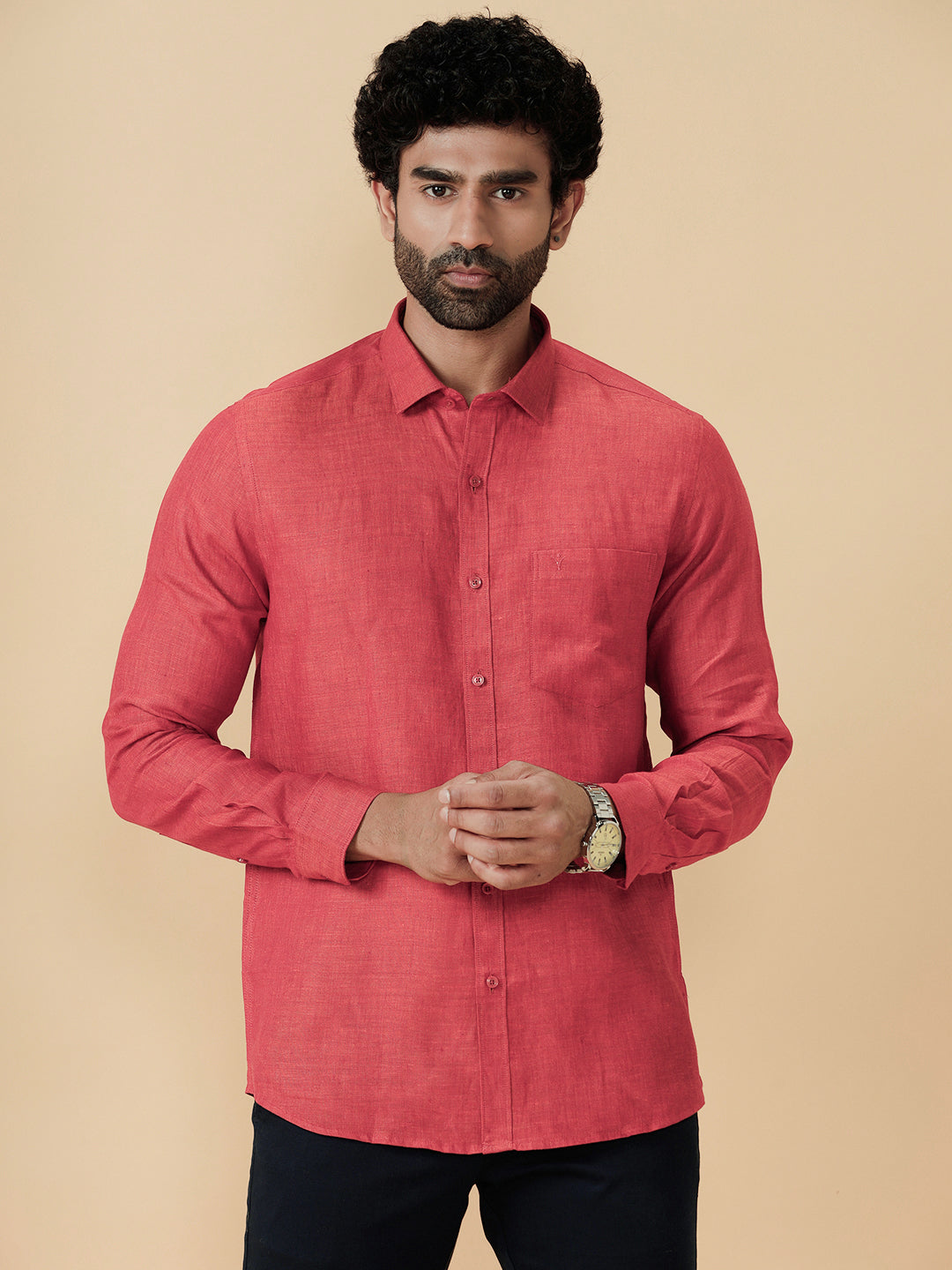 Men Pure Linen Vivid Red Shirt L14