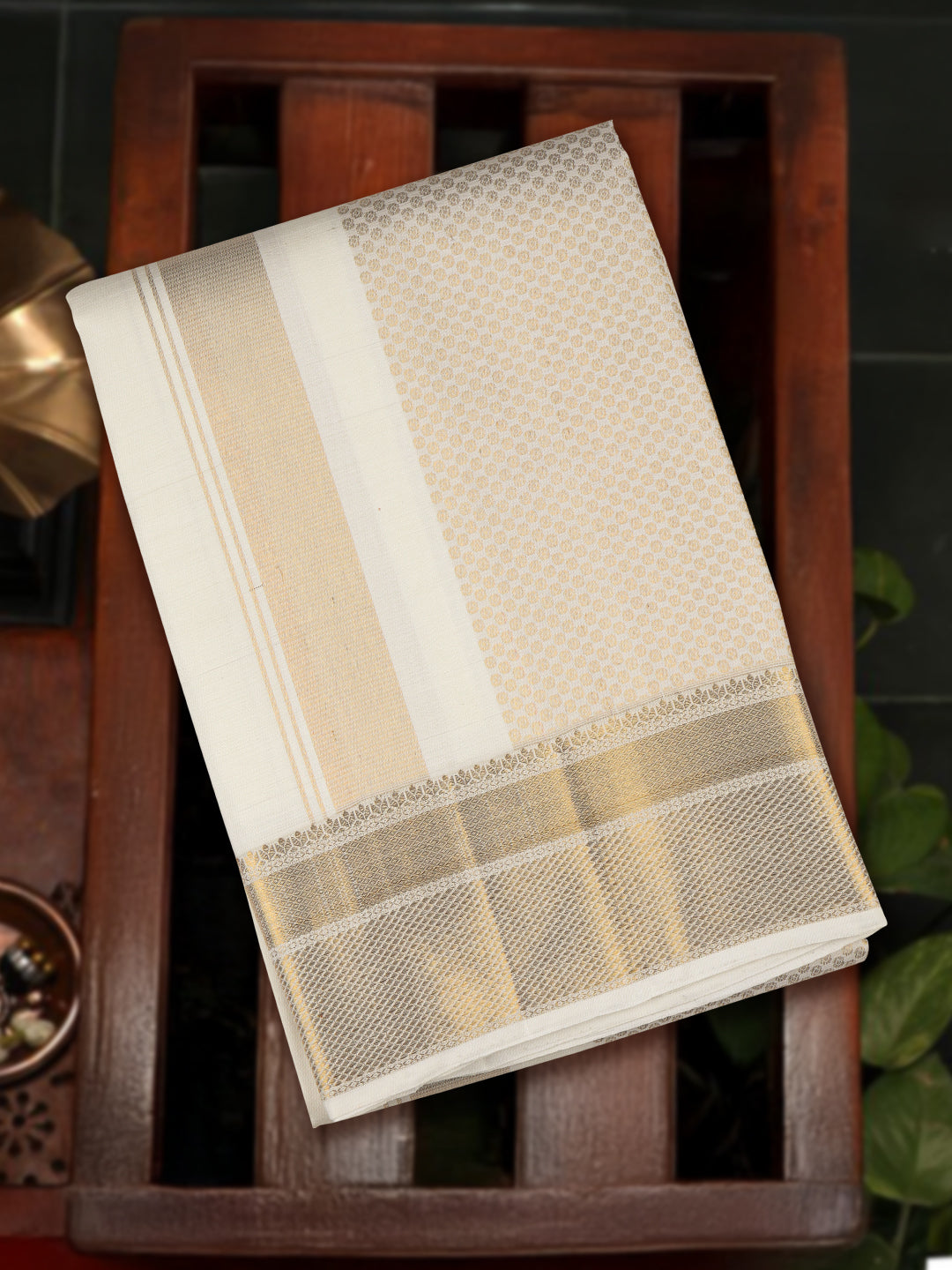 Men Luxury Premium Pure Silk Off White Dhoti & Towel Set with 6" inch Gold Jari Border Amirtham AM14