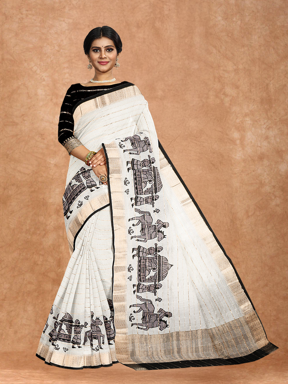 Women Semi Cotton Embroidery Saree White TJB01