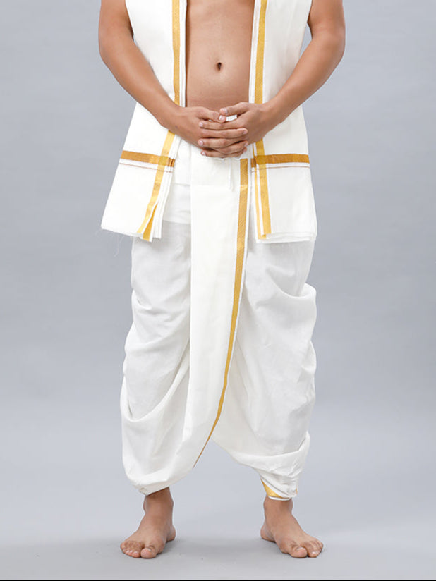 Men's Readymade Cream Panchakacham & Angavastram with Gold Jari Border Aashan