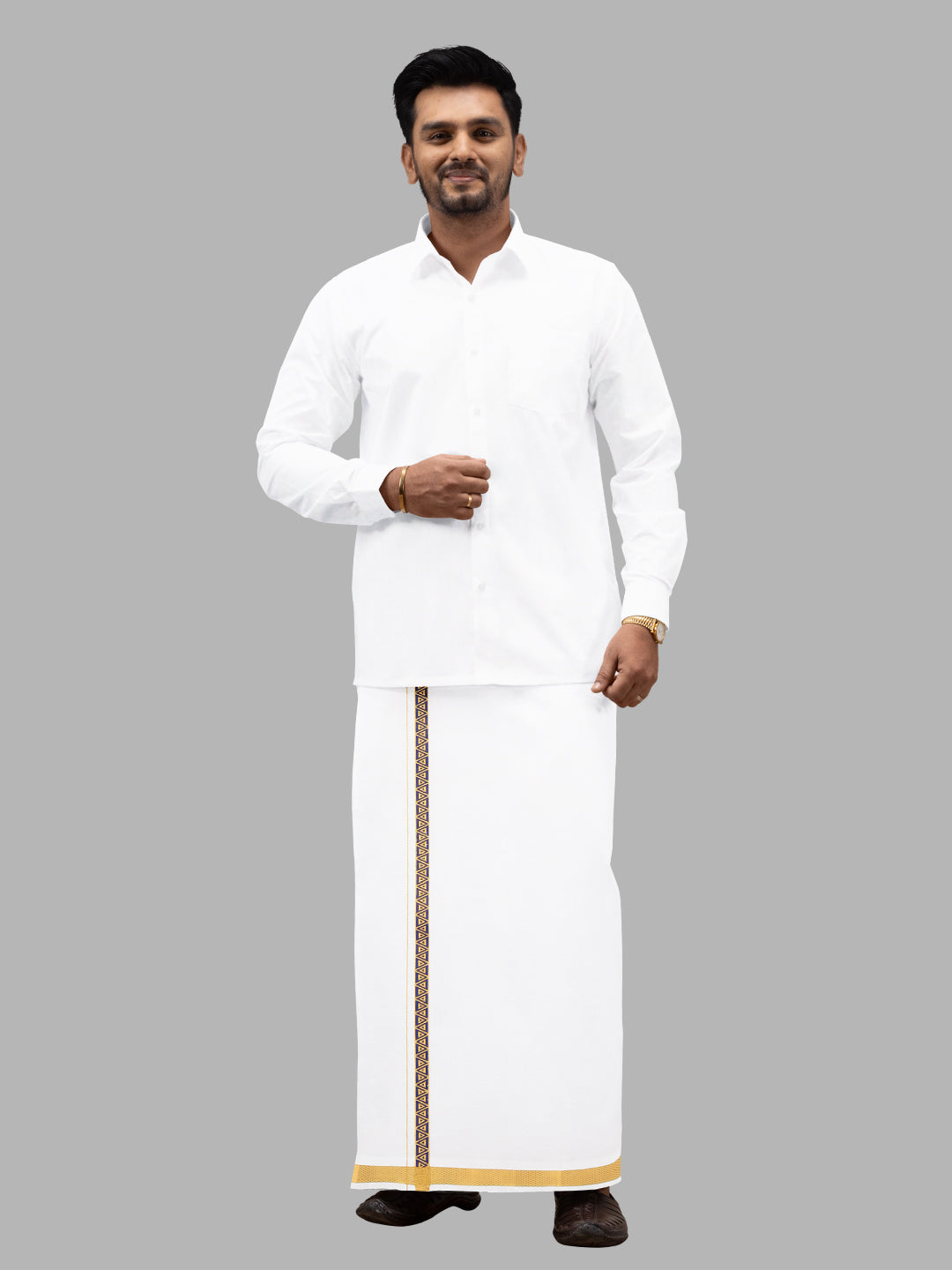 Men Cotton Blend Single Layer White Dhoti with Double Side Fancy Jari Border GP02