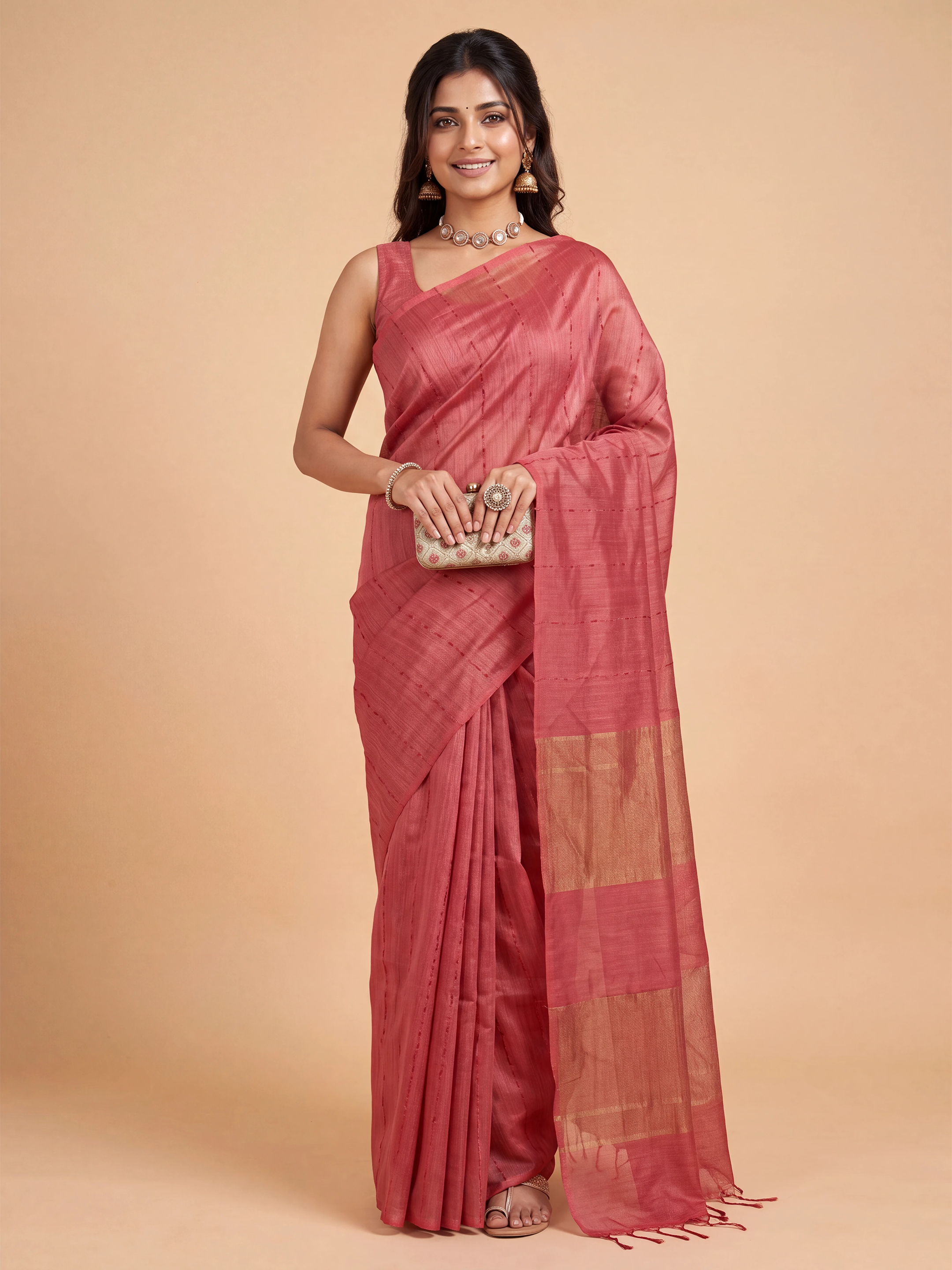 Women Red Semi Tussar Saree ST354