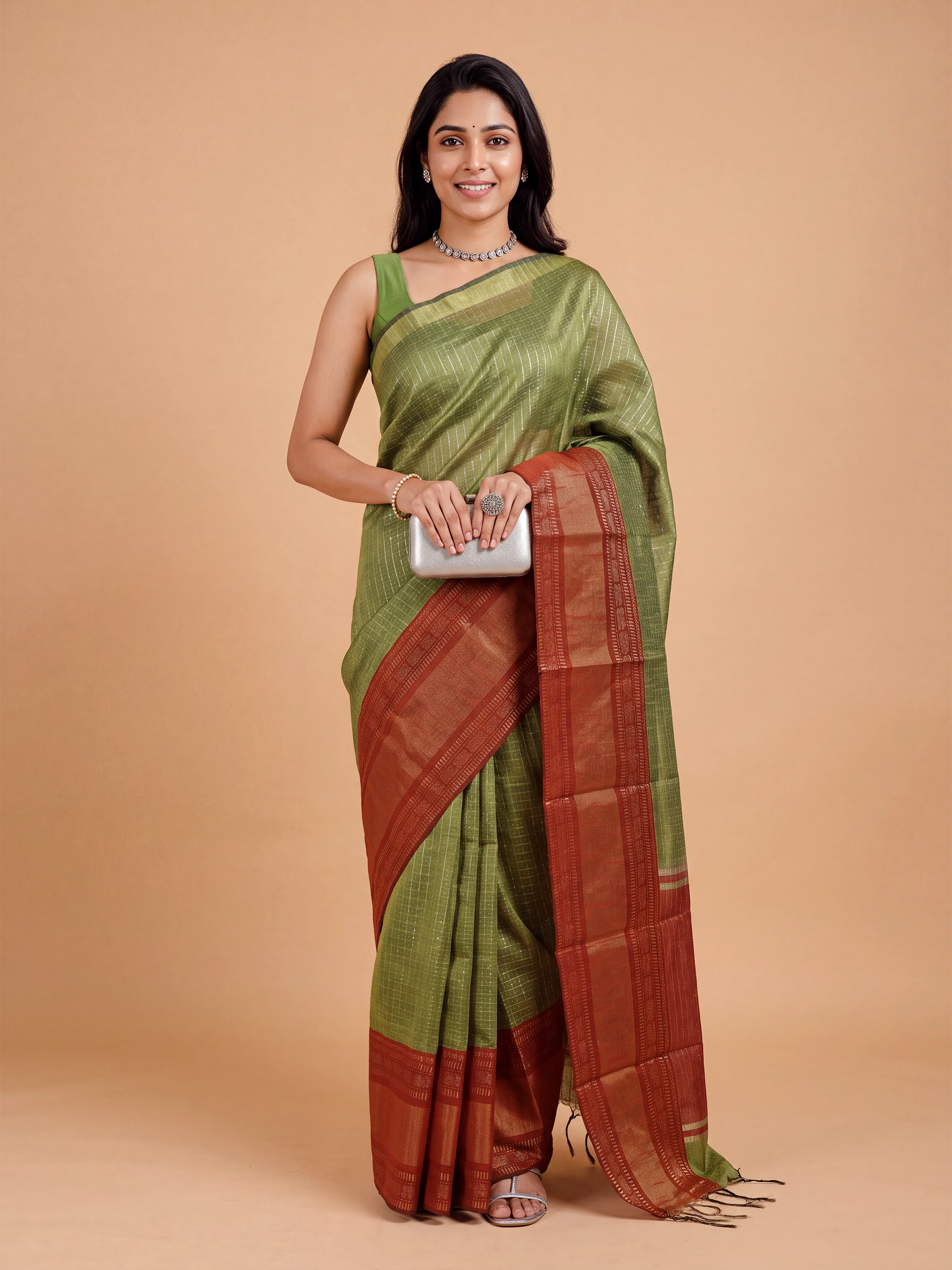 Women Semi Linen Green Checked Fancy Saree SL263