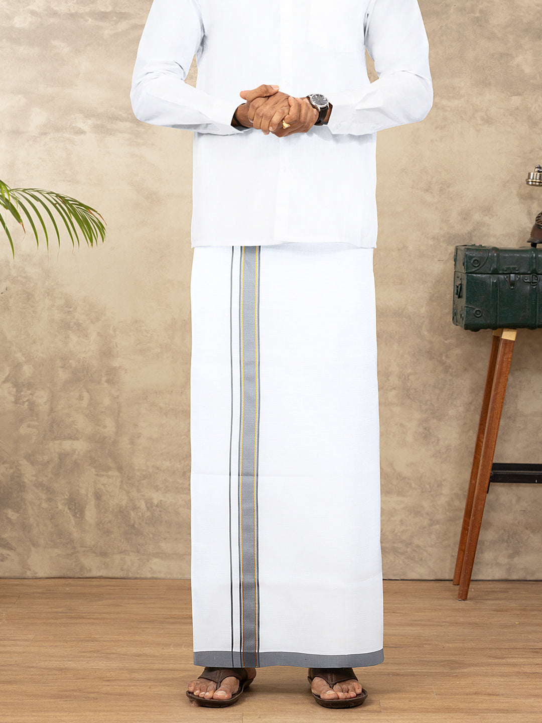 Men Cotton Blend Single Layer White Dhoti with Fancy Jari Border HGF28