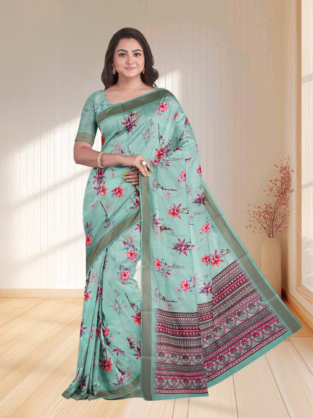 Women Mint Green Blue Semi Tussar Printed Saree ST251