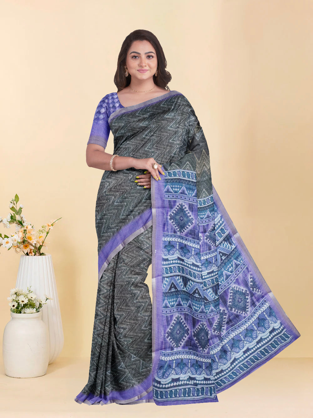Women Lavender Semi Linen Saree SL222