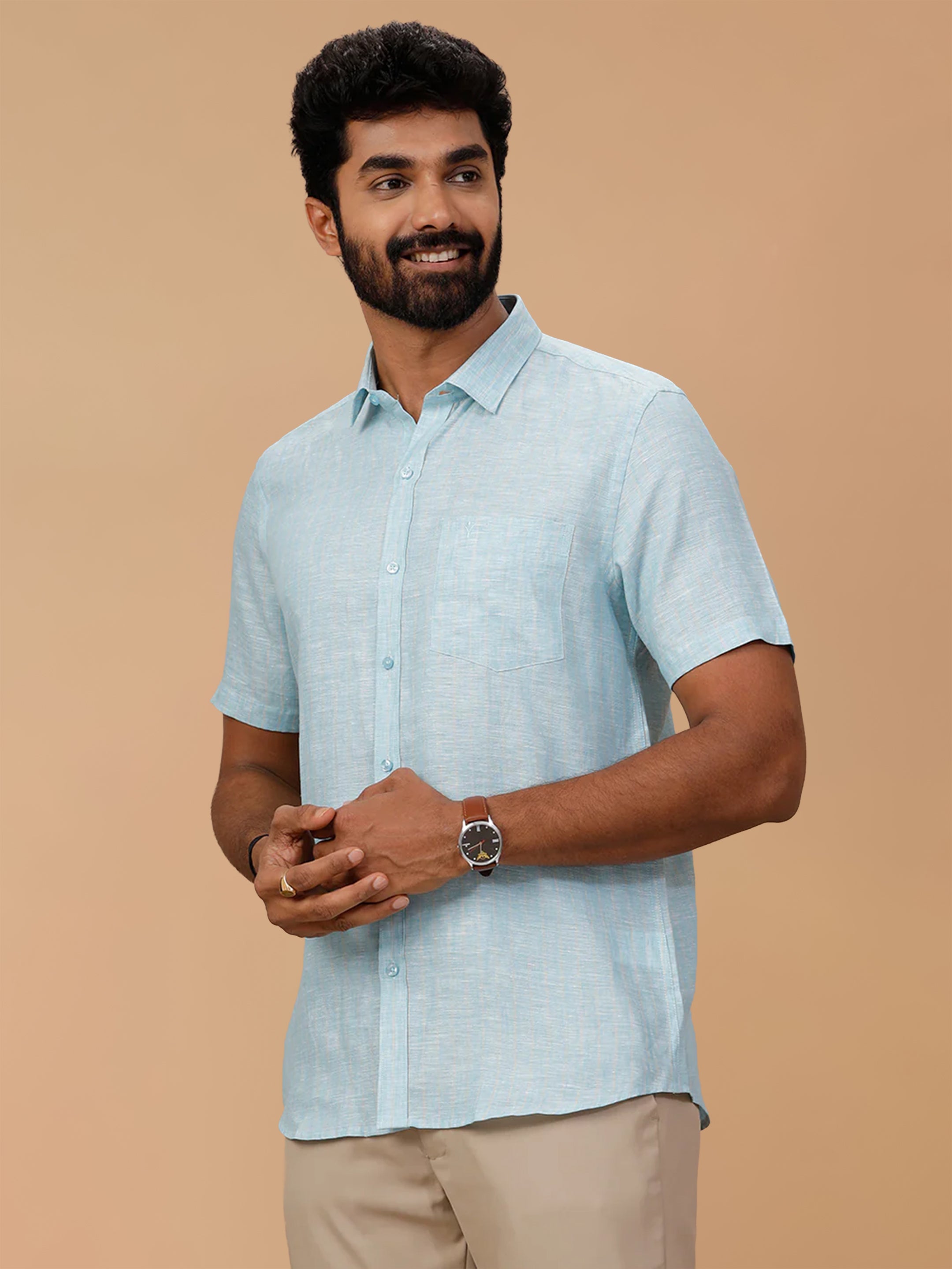 Pure Linen Pale Sky Blue Striped Smart Fit Shirt LS90