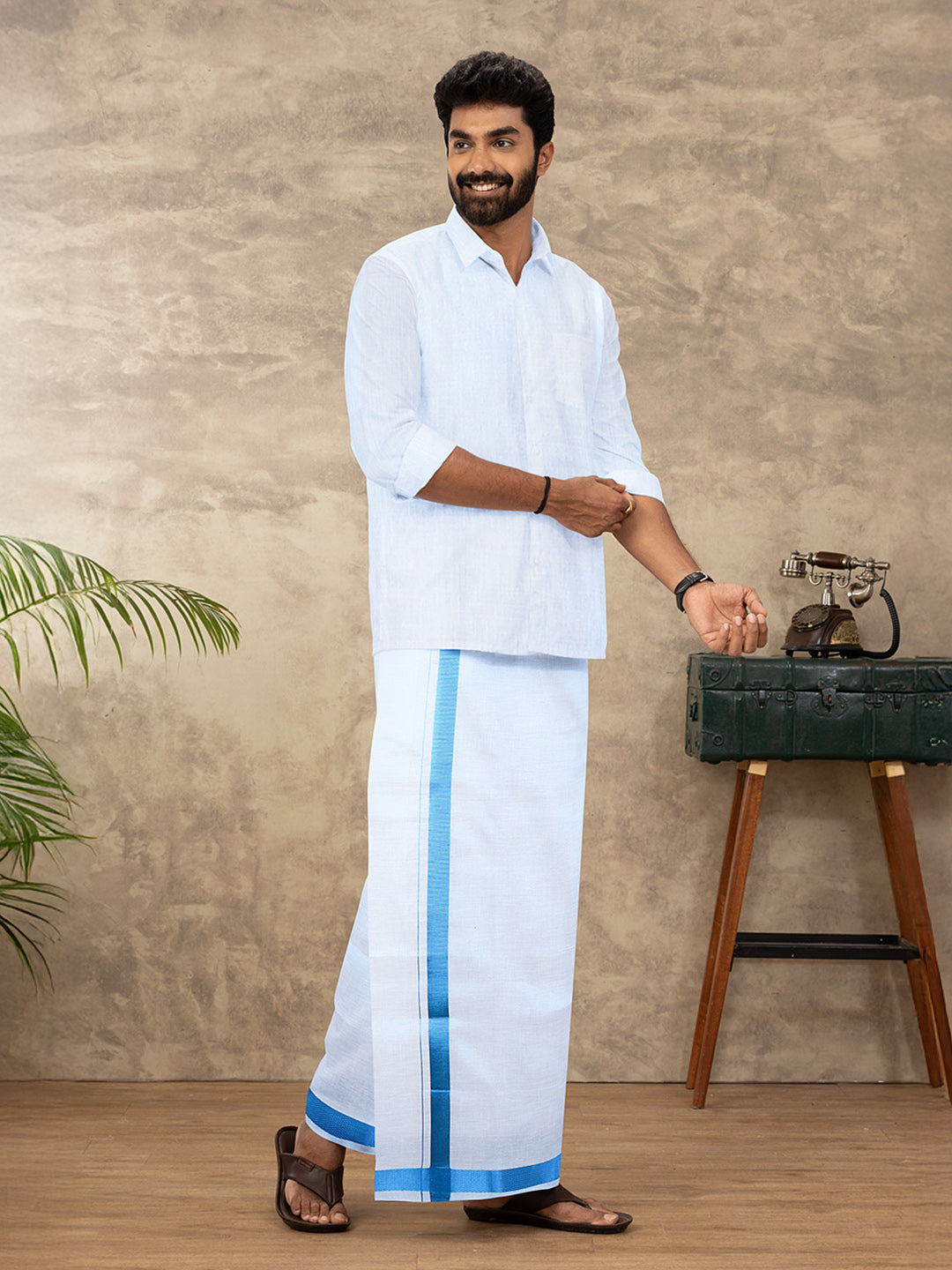 Men Tissue Readymade Single Layer Blue Dhoti with Jari Border Viceroy
