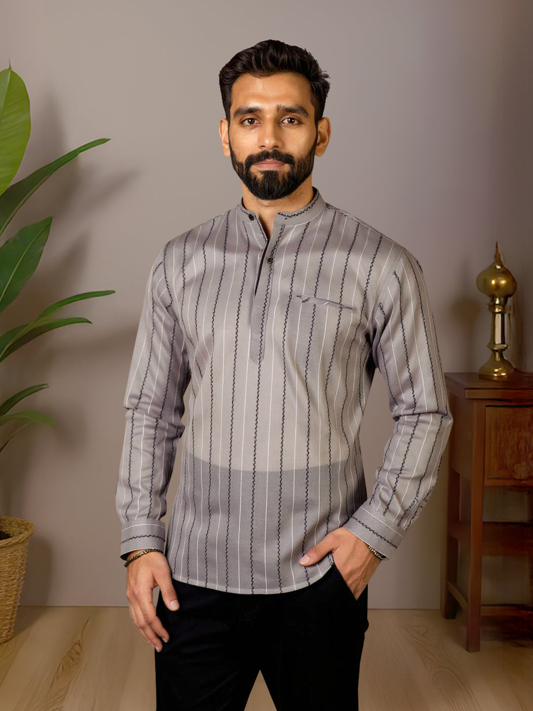Men Cotton Short Length Stripes Pocket Kurta Silver Grey RJ35