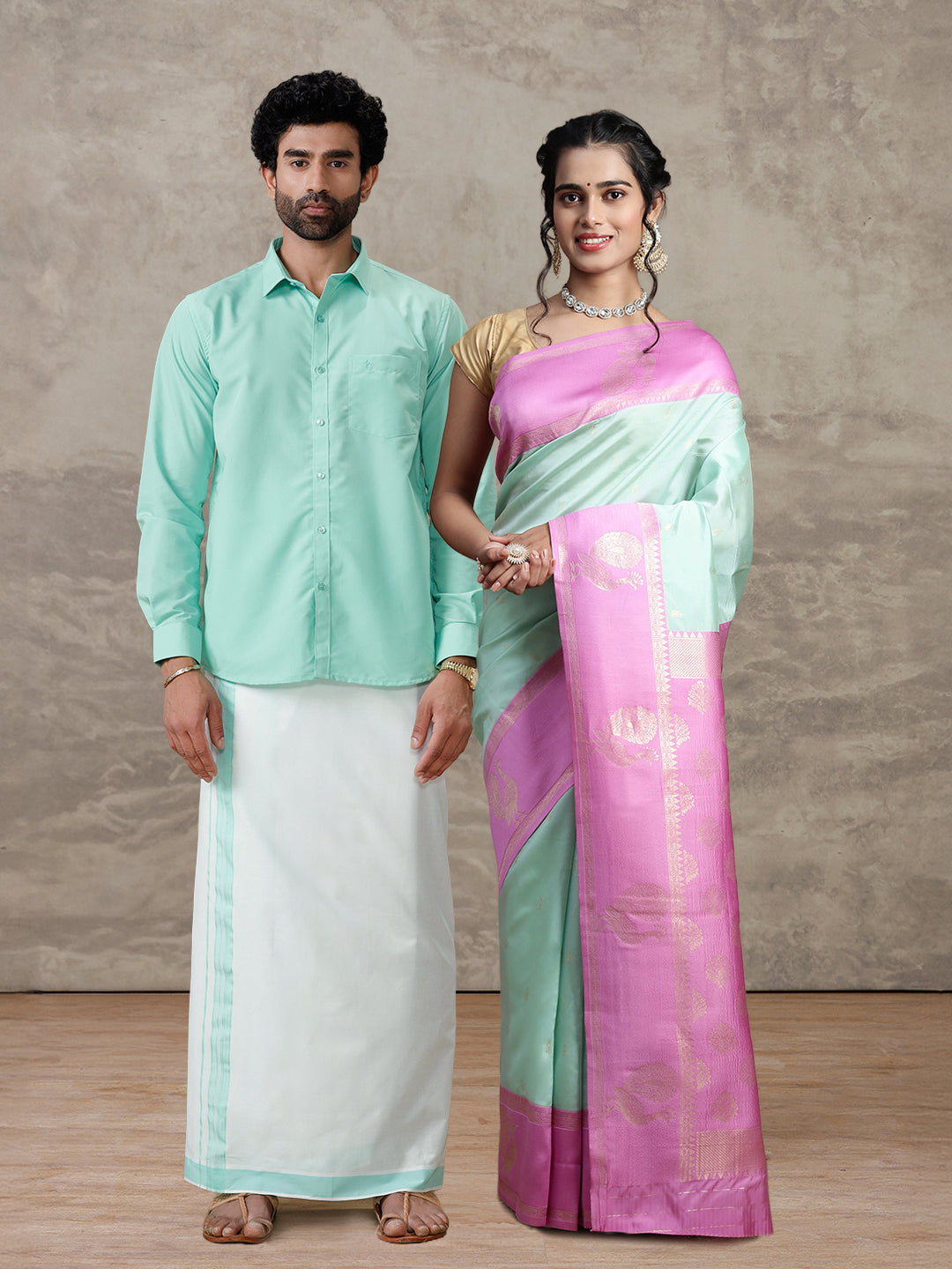 Couple Combo Shirt & Dhoti Set with Saree Mint Green SS391