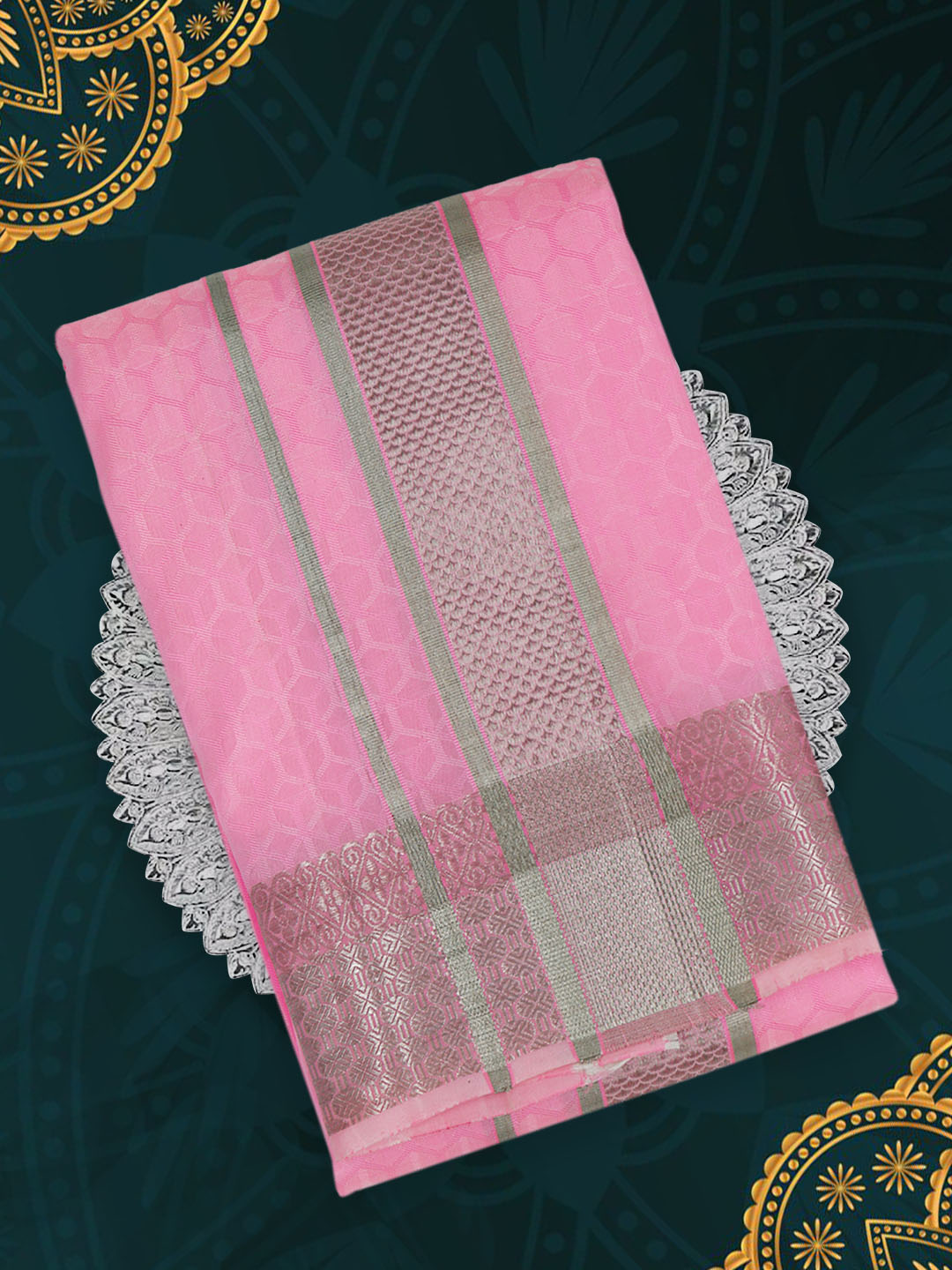 Men Pure Silk Embossed Pink Dhoti & Towel Set with 3" inch Silver Fancy Jari Border